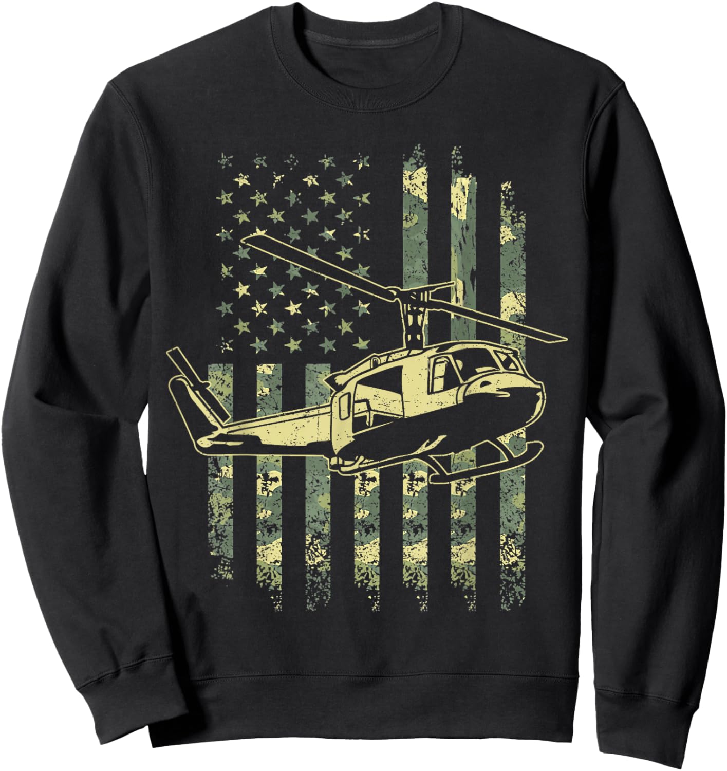 UH-1 Huey Flag US Camouflage Military Helicopter Pilot Sweatshirt - Sweatshirt | Black