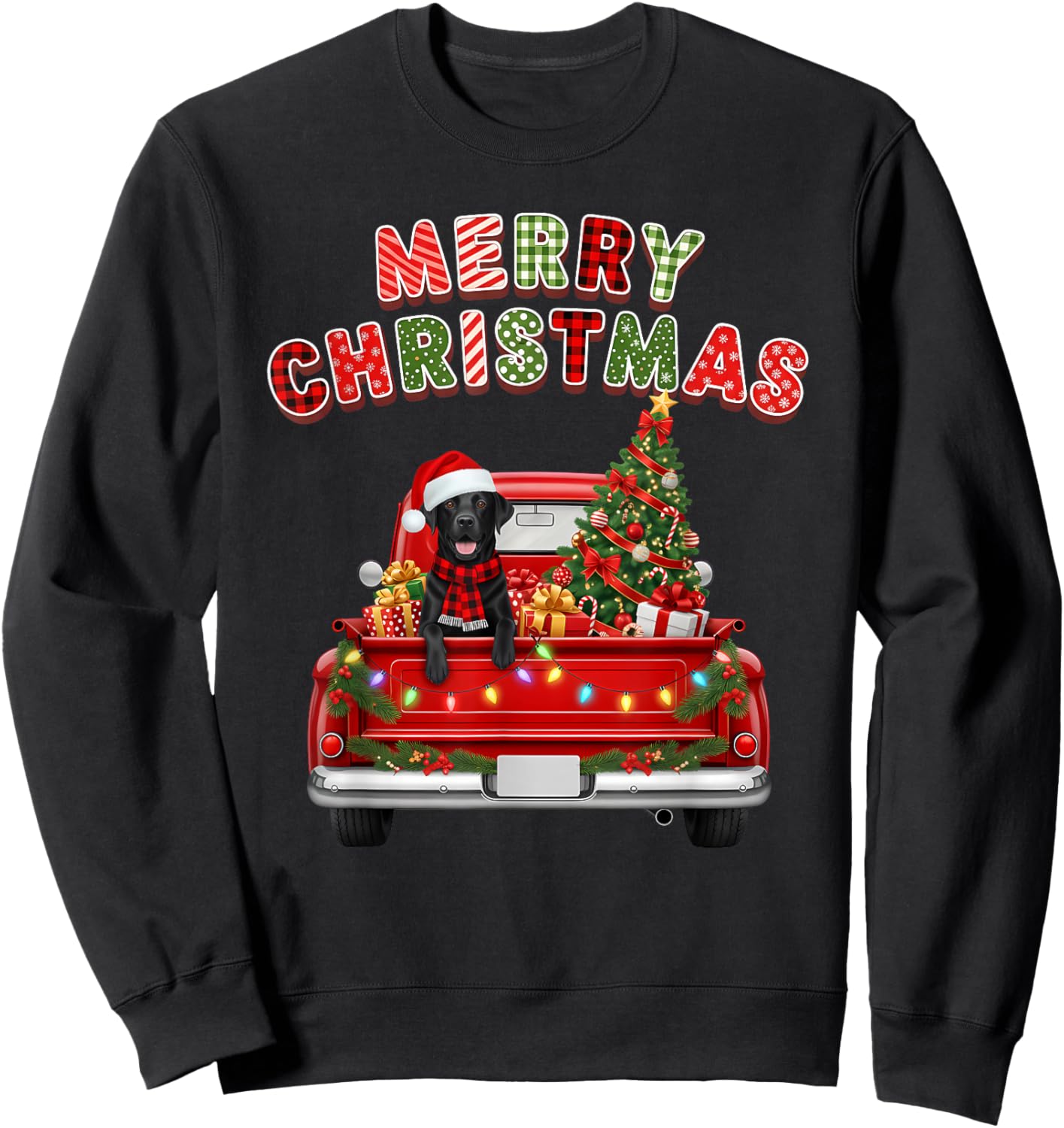 Black Lab Labrador Dog Red Truck Merry Christmas Lights Xmas Sweatshirt - Sweatshirt | Black