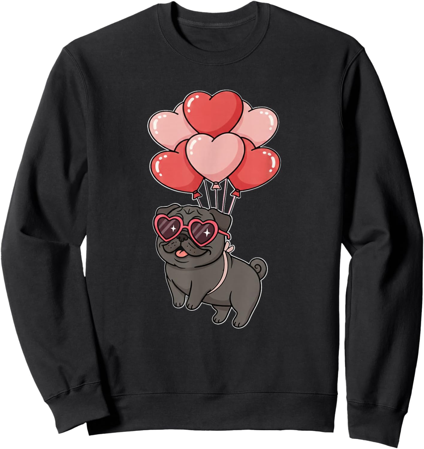 Girls Valentines Day Heart Balloons Black Pug Lover Sweatshirt - Sweatshirt | Black