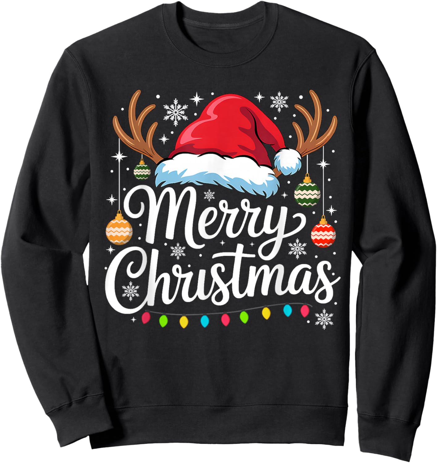 Merry Christmas Balls Lights Reindeer Santa Hat Family Xmas Sweatshirt - Sweatshirt | Black