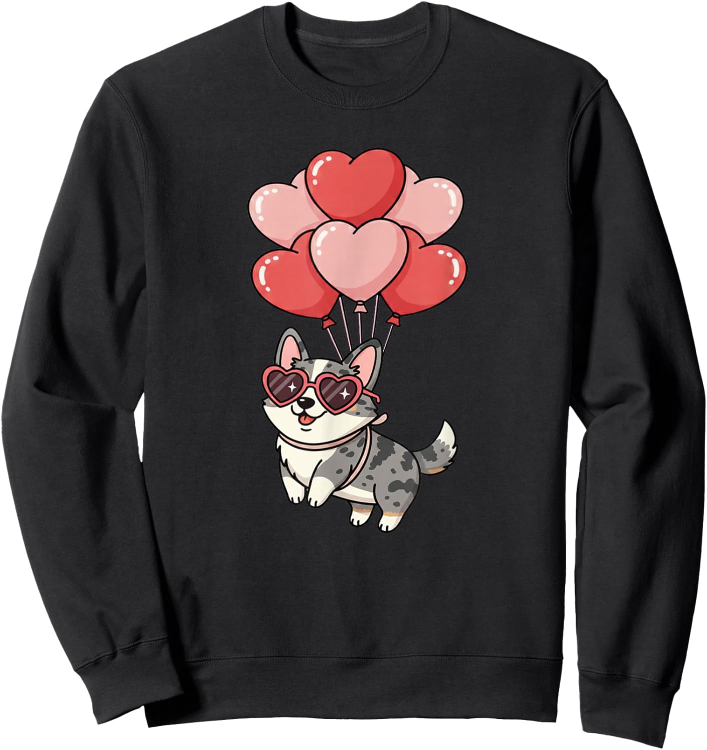 Valentines Day Heart Balloons Blue Merle Cardigan Corgi Dog Sweatshirt - Sweatshirt | Black