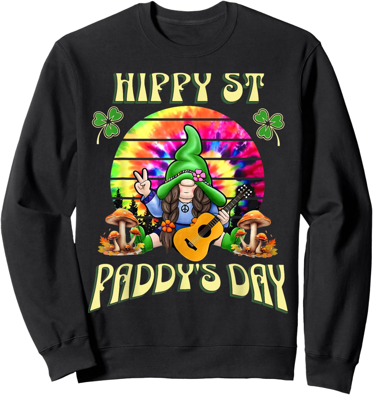 Hippy St Paddy's Day Tie Dye Gnome Guitar St Patrick Hippie Sweatshirt - Sweatshirt | Black