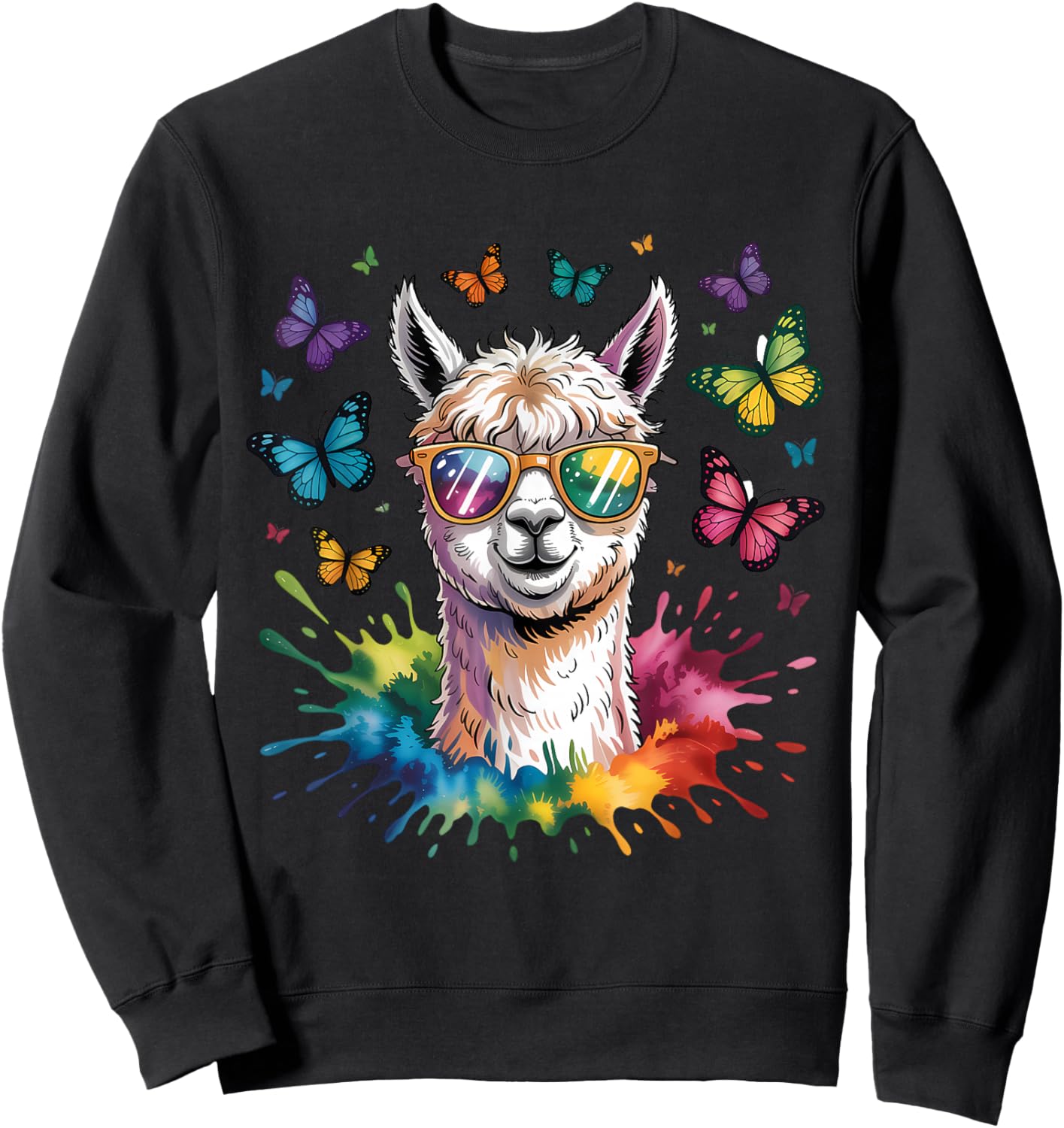 Cute Llama with Sunglasses Animal Art Graphic Funny Alpaca Sweatshirt - Sweatshirt | Black