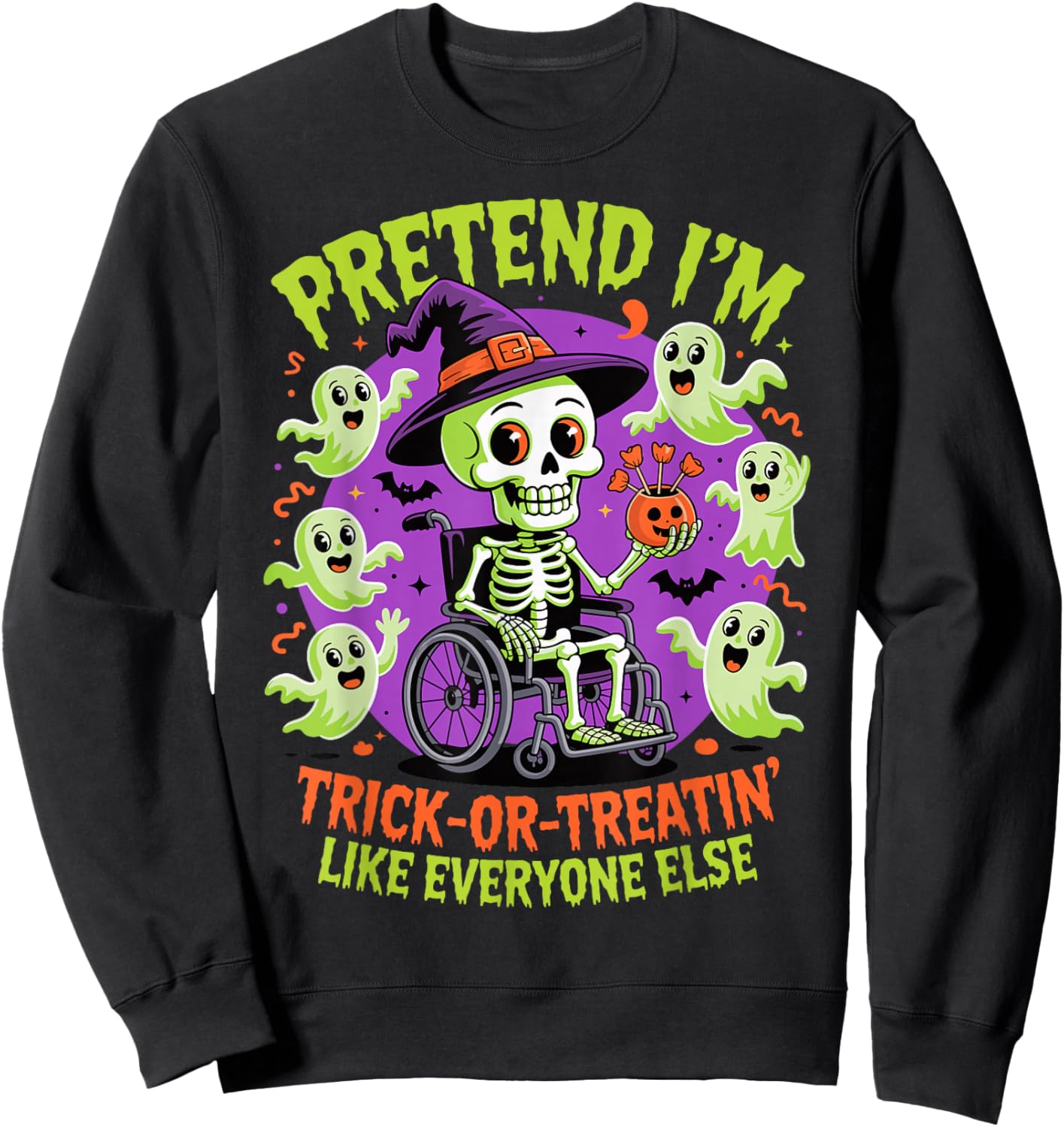 Halloween Wheelchair Costume Handicap Joke Vintage Skeleton Sweatshirt - Sweatshirt | Black