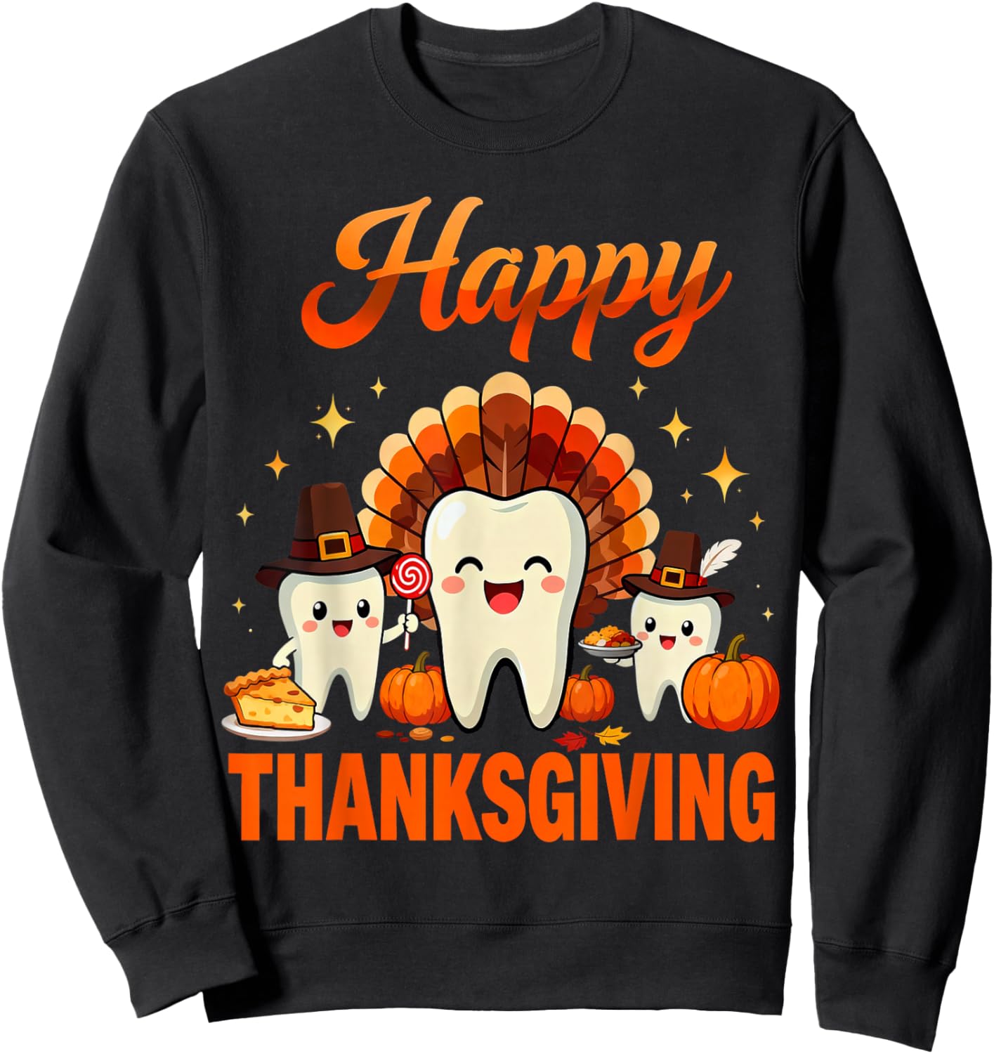 Funny Dental Turkey RDH Happy Thanksgiving Dentist Tooth Sweatshirt - Sweatshirt | Black