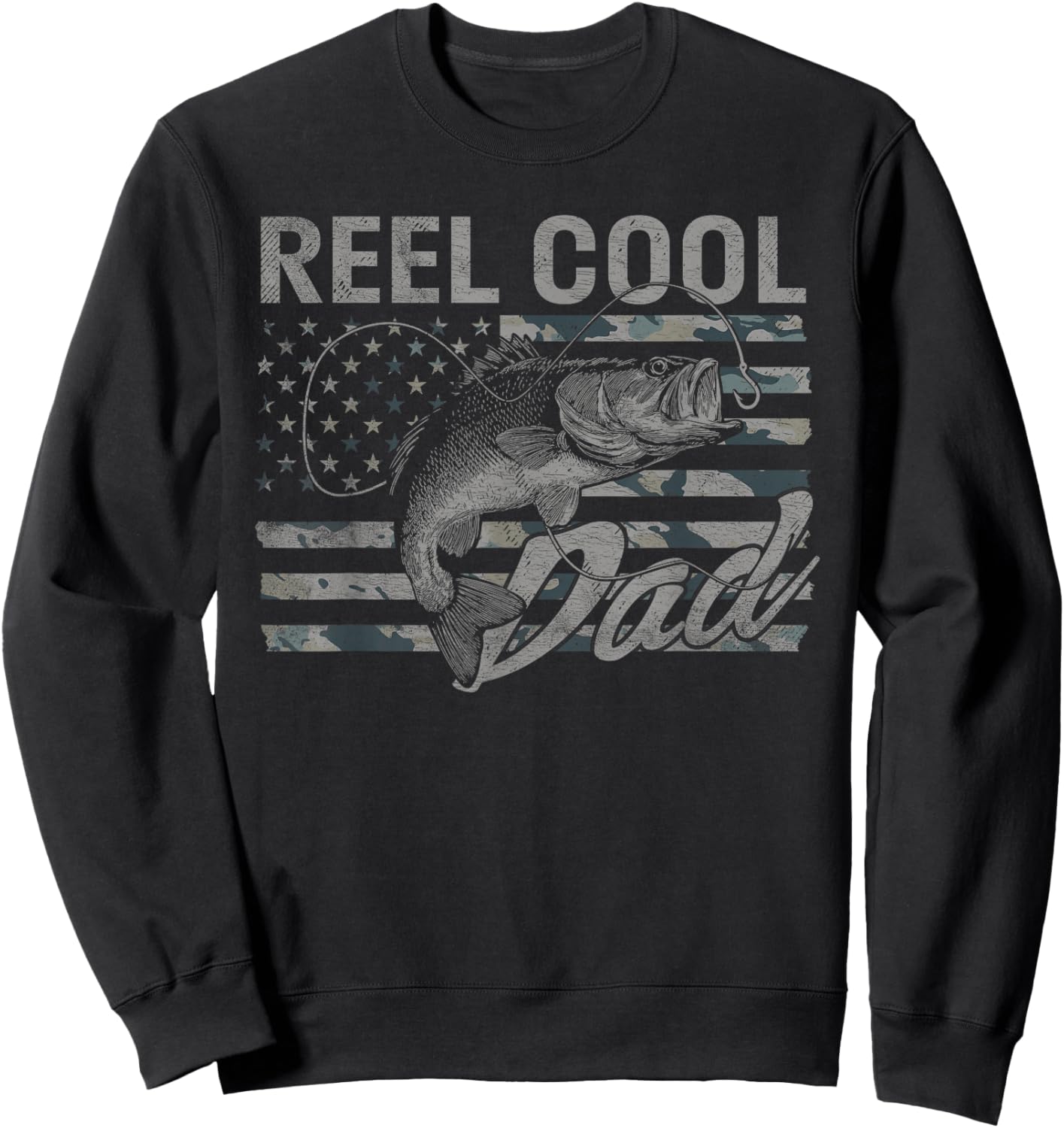 Reel Cool Dad Camo American Flag Bass Fishing Sweatshirt - Sweatshirt | Black