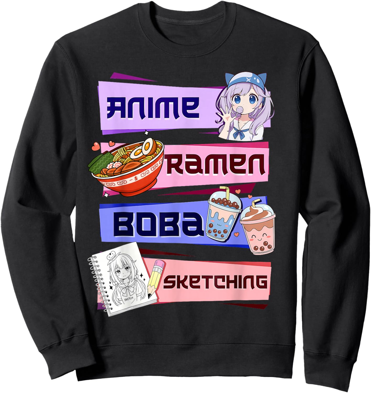 Anime Girl Ramen Boba Tea Bubble Tea Sketching Japanese Sweatshirt - Sweatshirt | Black