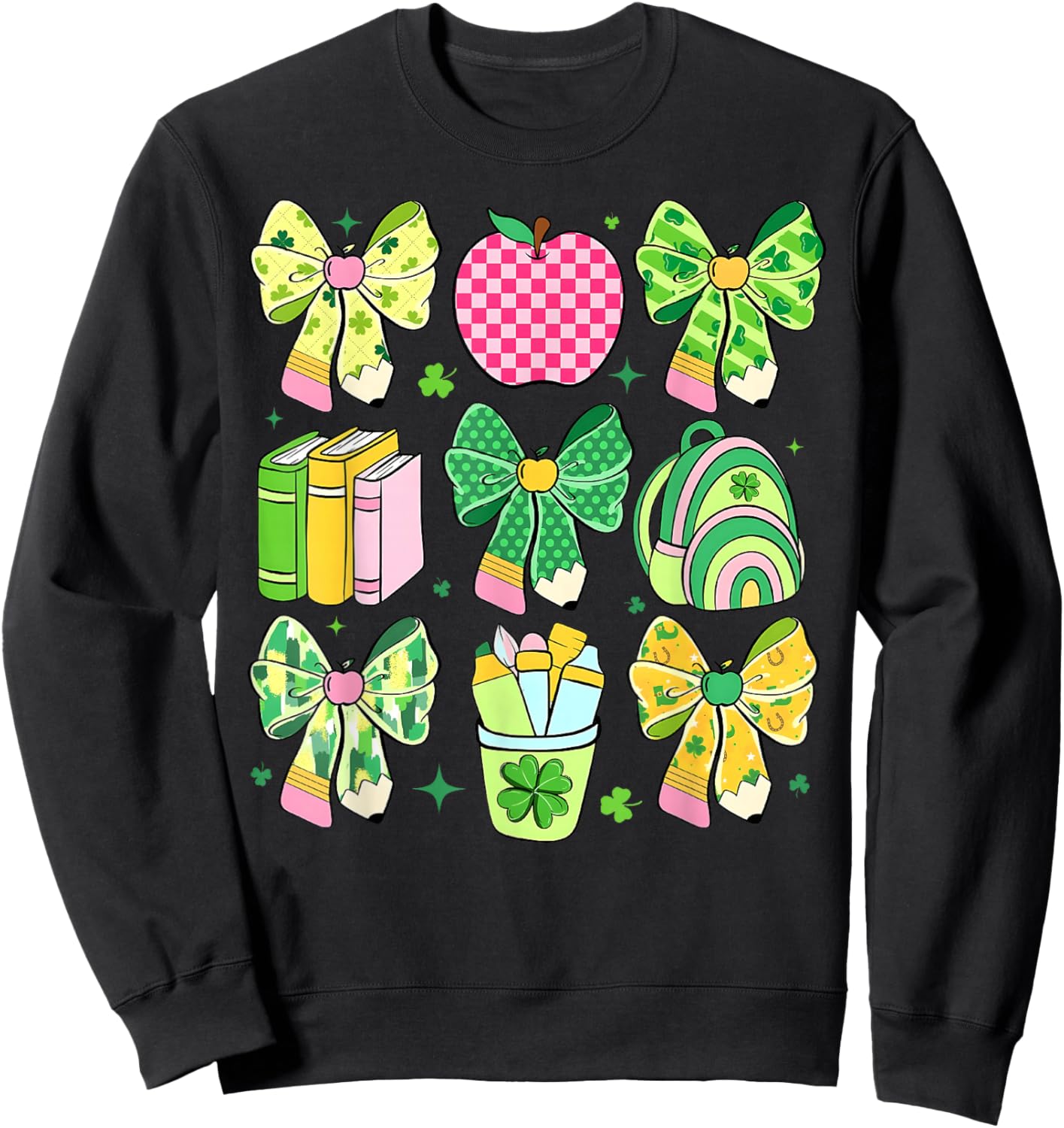 Lucky Teacher St Patrick's Day Coquette Bow Book Apple Sweatshirt - Sweatshirt | Black
