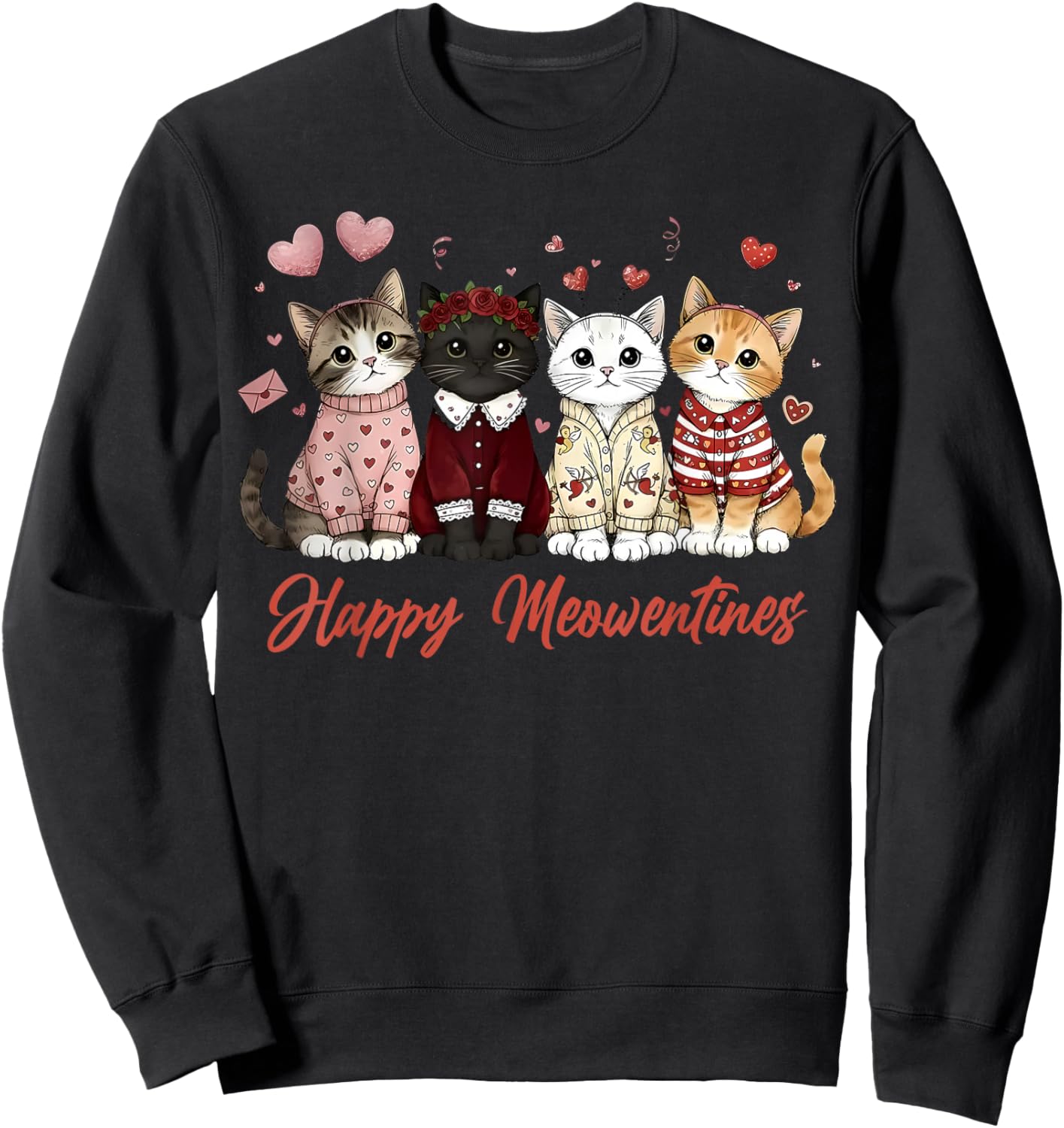 Valentine Cat Happy Meowentines Heart Valentines Cat Lover Sweatshirt - Sweatshirt | Black