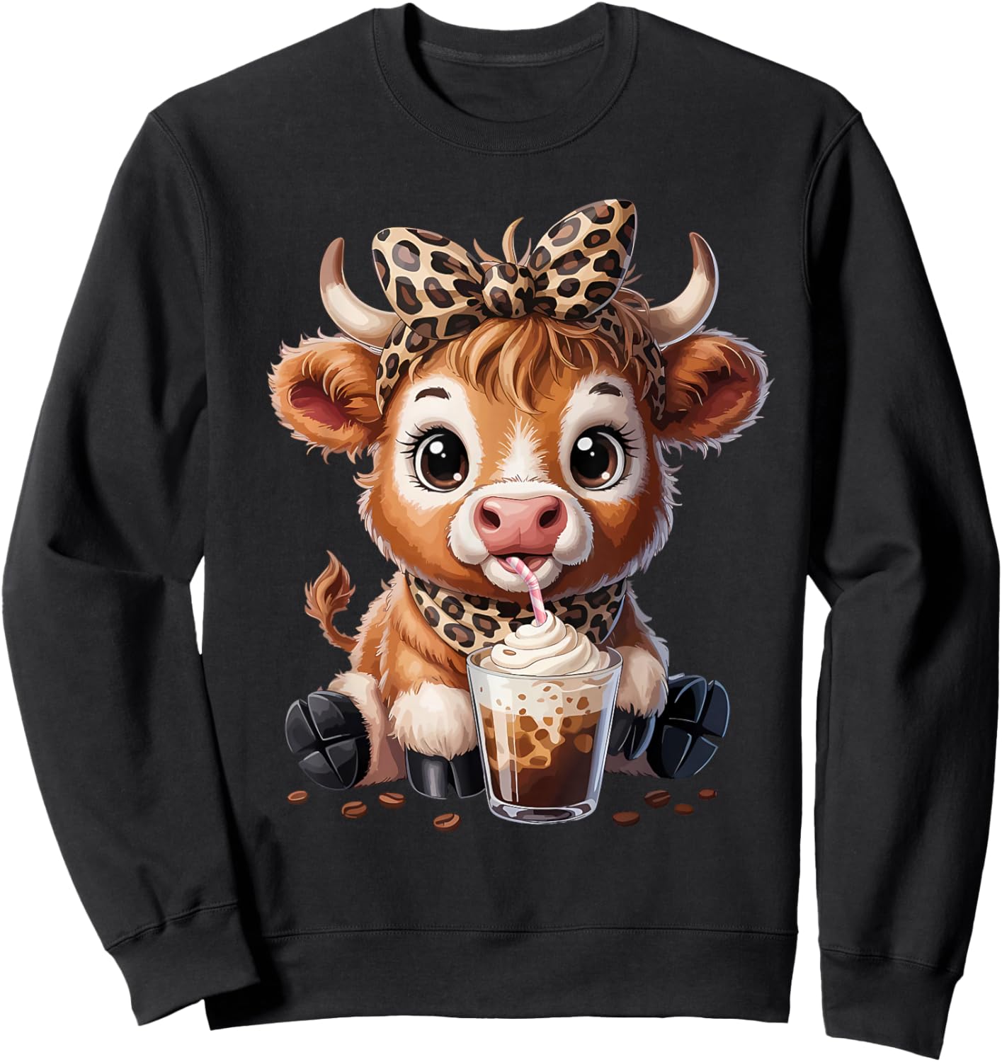 Highland Cow Coffee Leopard Bow Cowgirl Girls Women Sweatshirt - Sweatshirt | Black