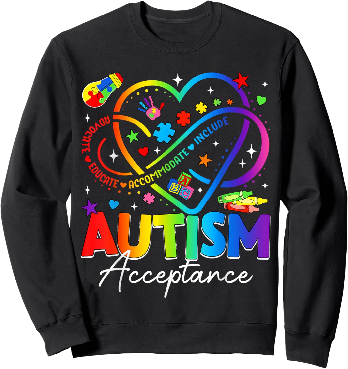 Autism Awareness Acceptance Heart Infinity Symbol Men Women Sweatshirt - Sweatshirt | Black