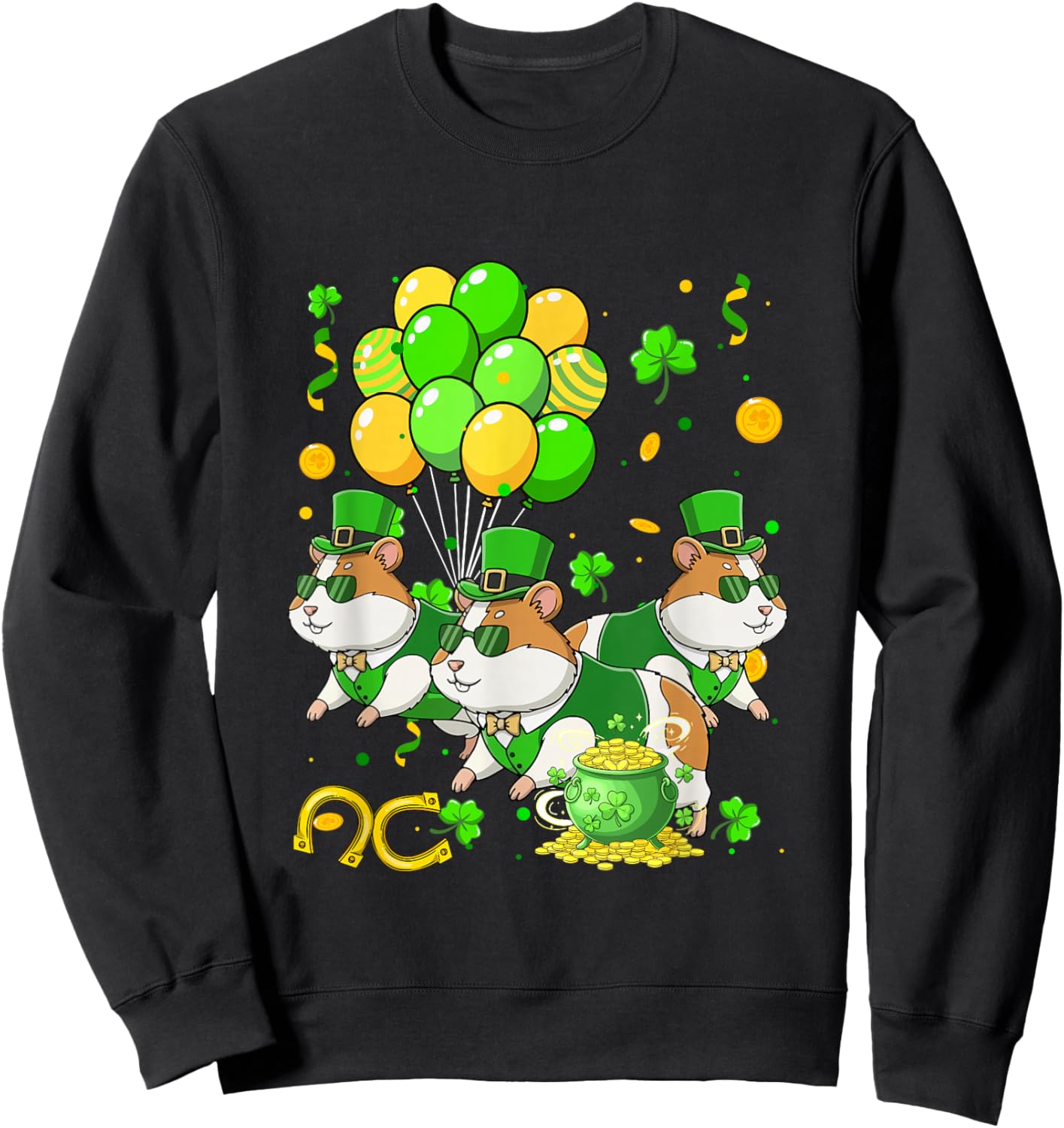 Three Cute Hamsters St. Patrick's Day Coin Shamrocks Irish Sweatshirt - Sweatshirt | Black