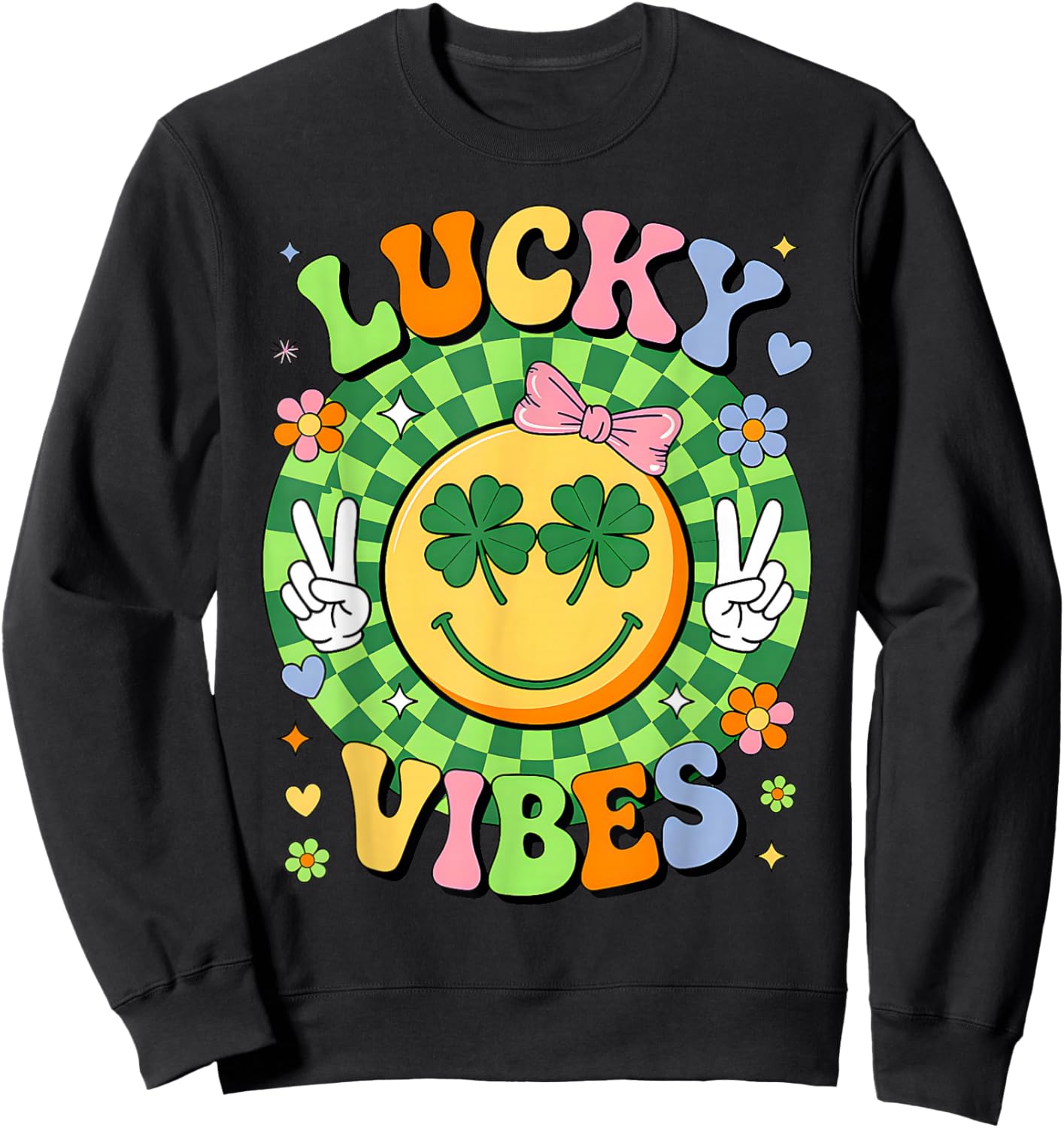 Groovy St Patricks Day Lucky Vibes Shamrock Women Girls Kids Sweatshirt - Sweatshirt | Black