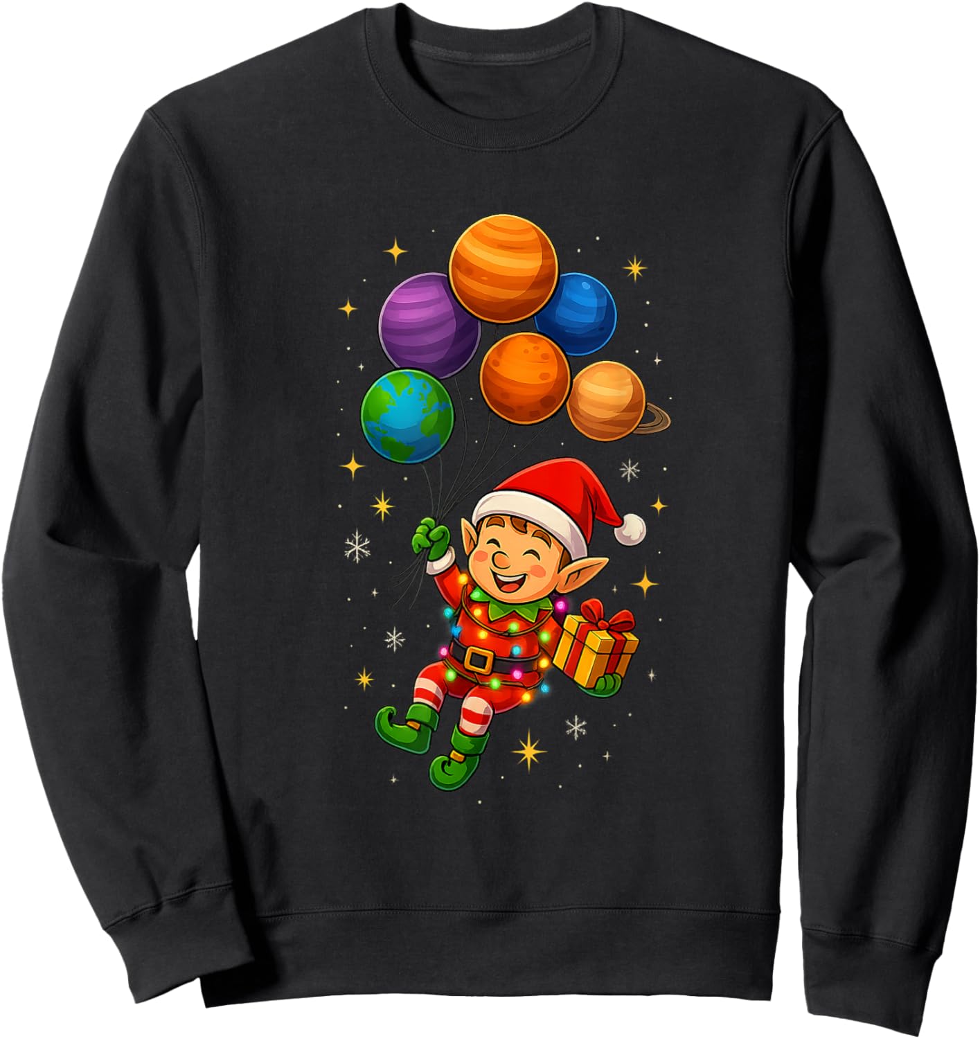 Funny Elf Astronaut with Planets Christmas Pjs for Spaceman Sweatshirt - Sweatshirt | Black