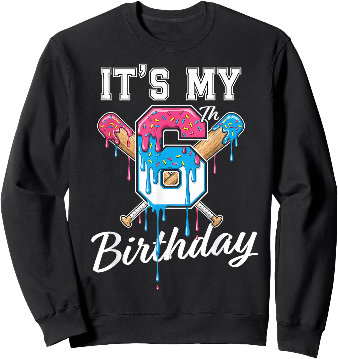 Baseball 6 Year Old Ice Cream Drip 6th Birthday Boy Number 6 Sweatshirt - Sweatshirt | Black