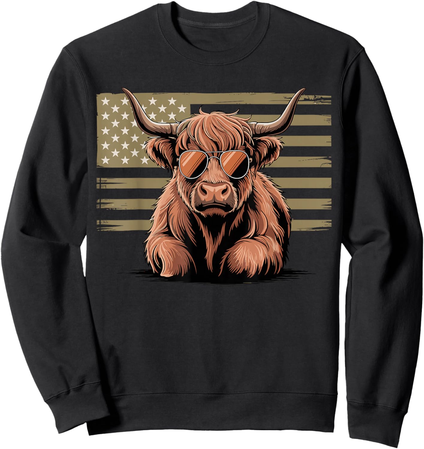 Highland Cow with Sunglasses and American Flag Sweatshirt - Sweatshirt | Black