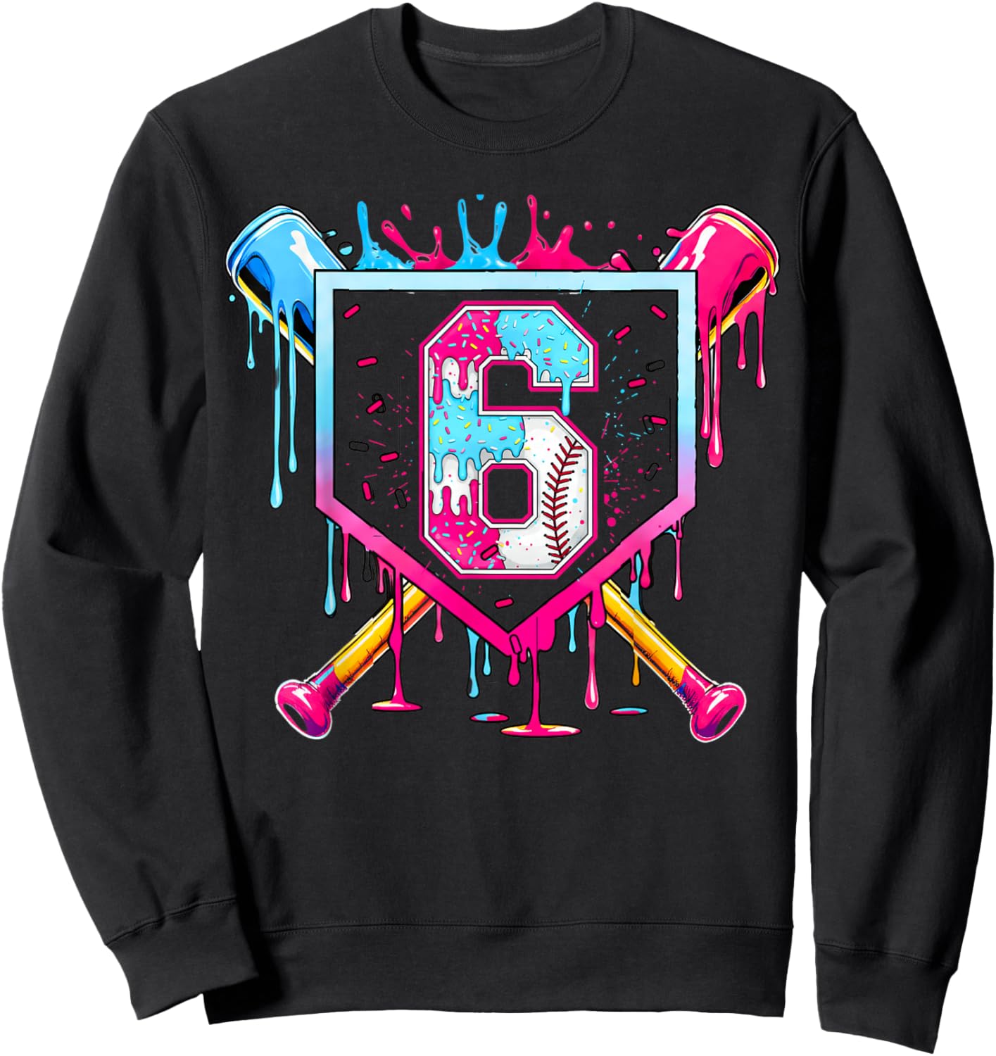6th Birthday Boys Baseball Ice Cream Drip Bday Boys Baseball Sweatshirt - Sweatshirt | Black