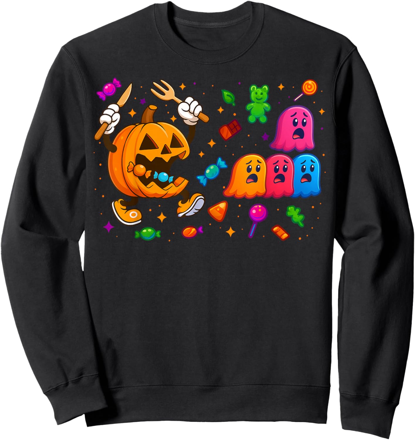 Gamer Pumpkin Eating Ghost Halloween Costume Men Boys Kids Sweatshirt - Sweatshirt | Black