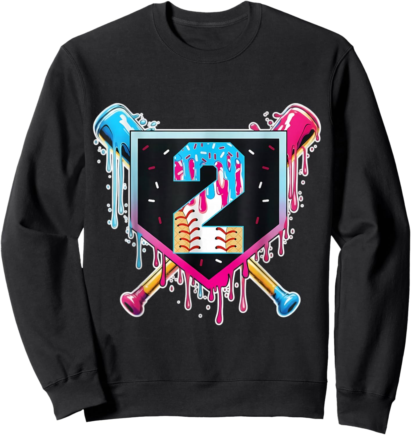 Baseball 2 Year Old Boy Ice Cream Drip 2nd Birthday Player Sweatshirt - Sweatshirt | Black