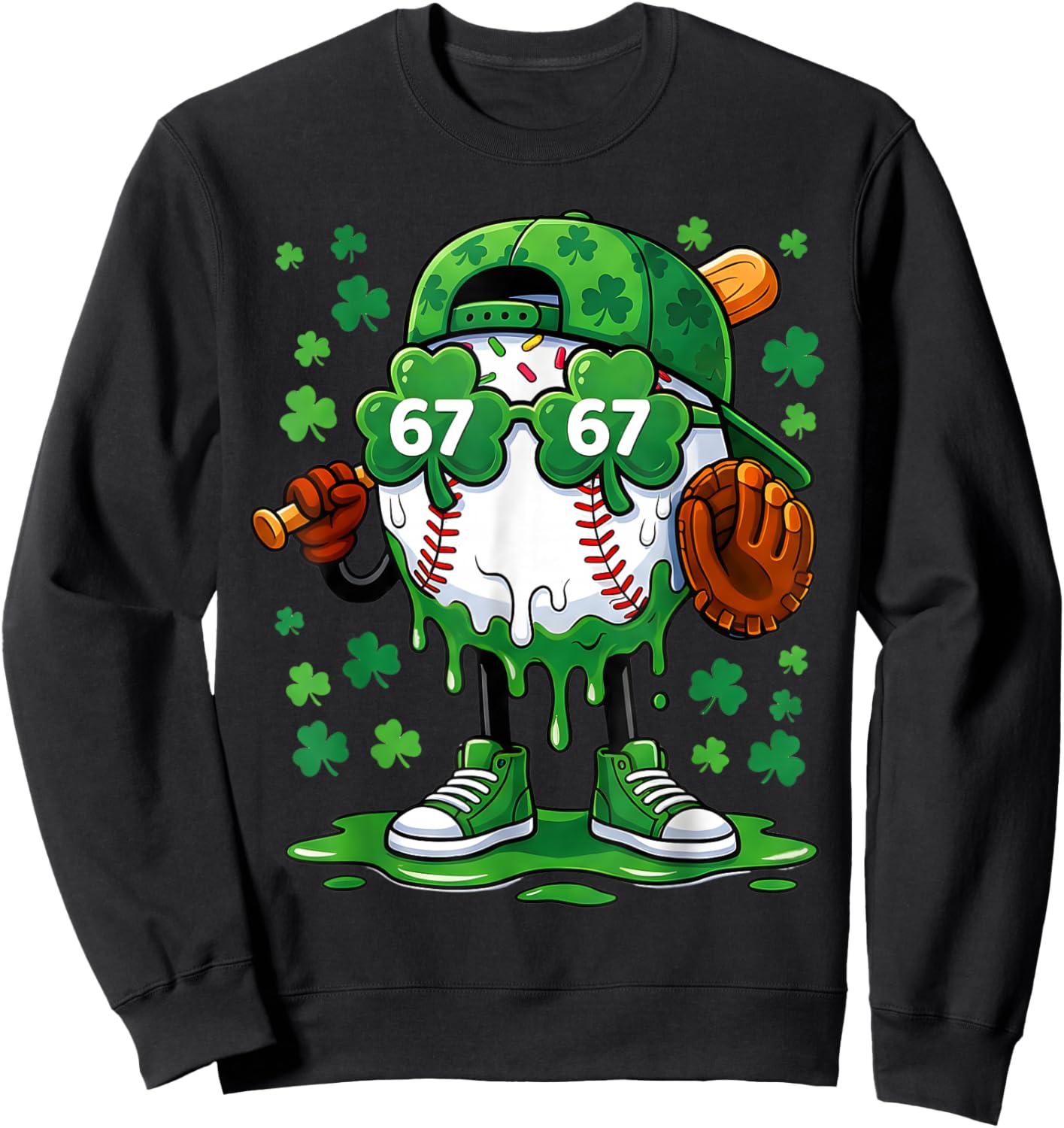 Funny 67 Baseball Drip St Patricks Day Shamrock Green Sweatshirt - Sweatshirt | Black