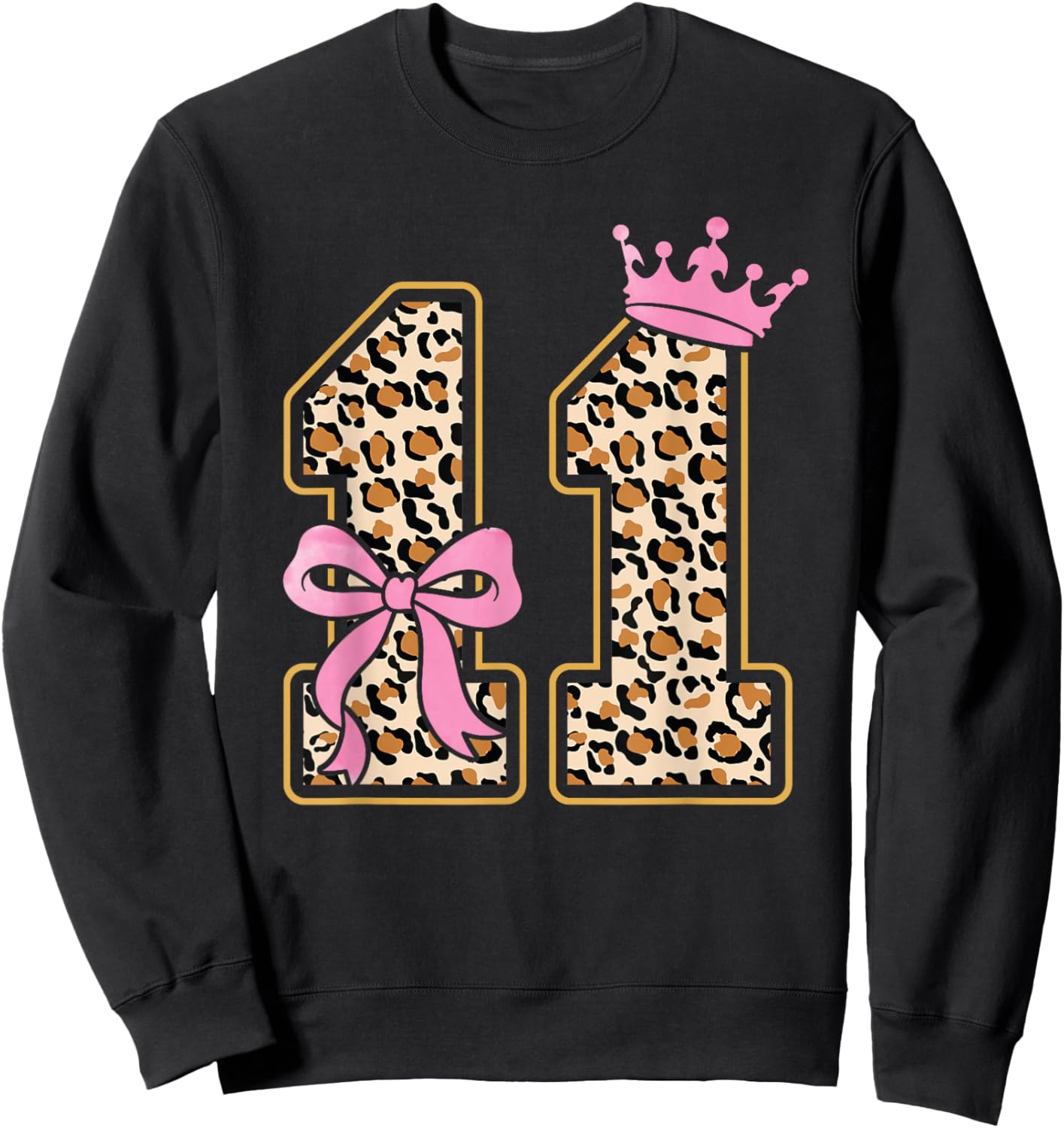 11th Birthday Girl Pink Coquette Bow Leopard 11 Year Old Sweatshirt - Sweatshirt | Black