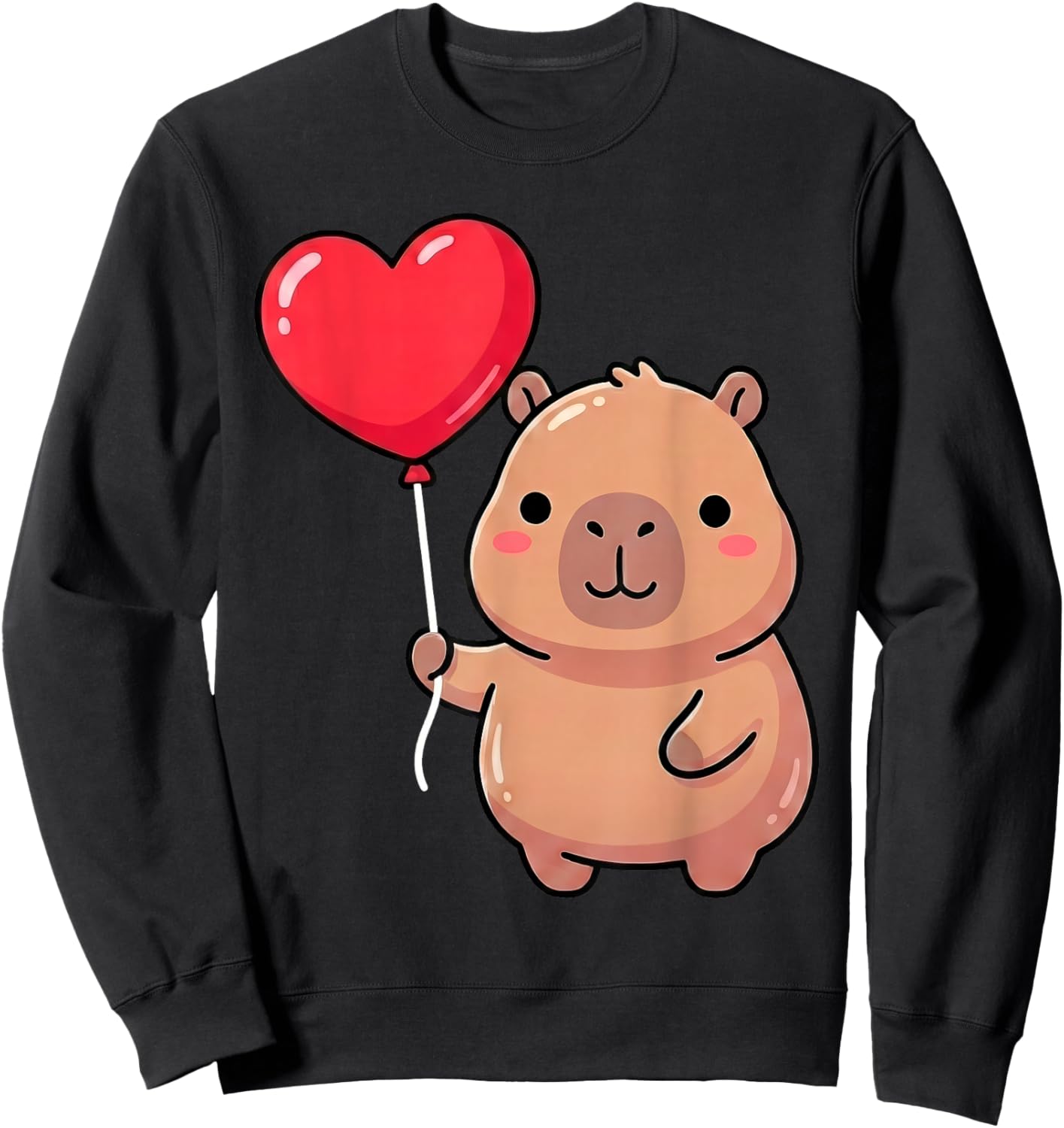 Cute Valentine's Day Capybara Holding Heart Balloon Kawaii Sweatshirt - Sweatshirt | Black