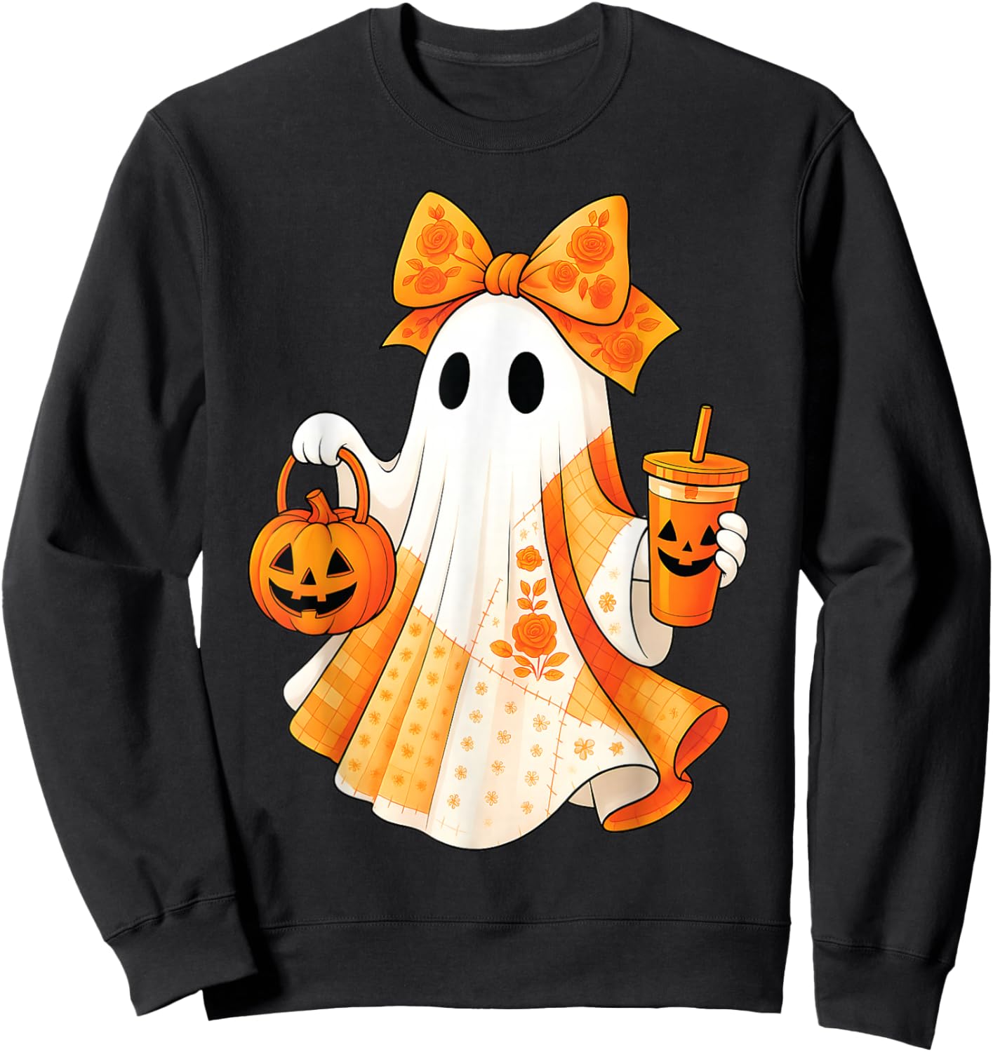 Spooky Cute Ghost Drinking Iced Coffee Pumpkin Bow Halloween Sweatshirt - Sweatshirt | Black