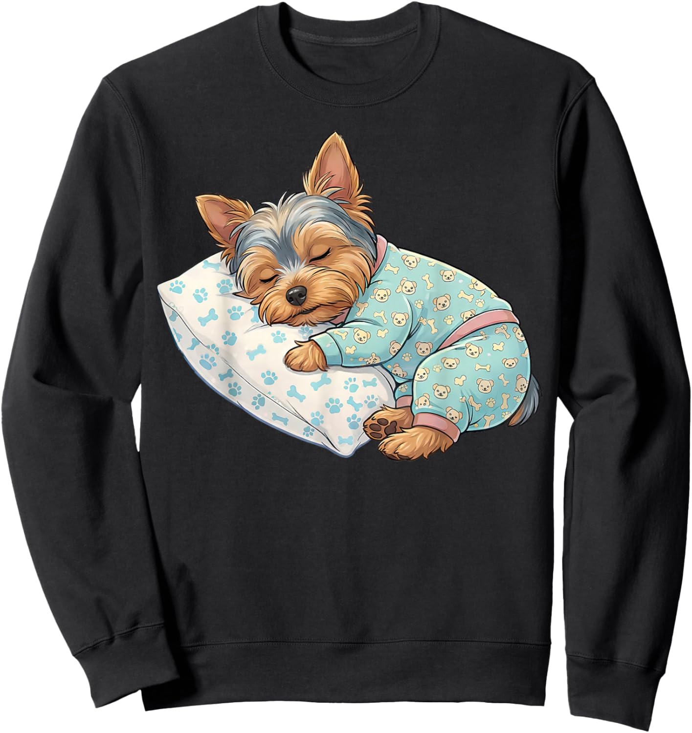 Cute Yorkshire Terrier Dog Sleeping in Pajamas Bedtime Art Sweatshirt - Sweatshirt | Black