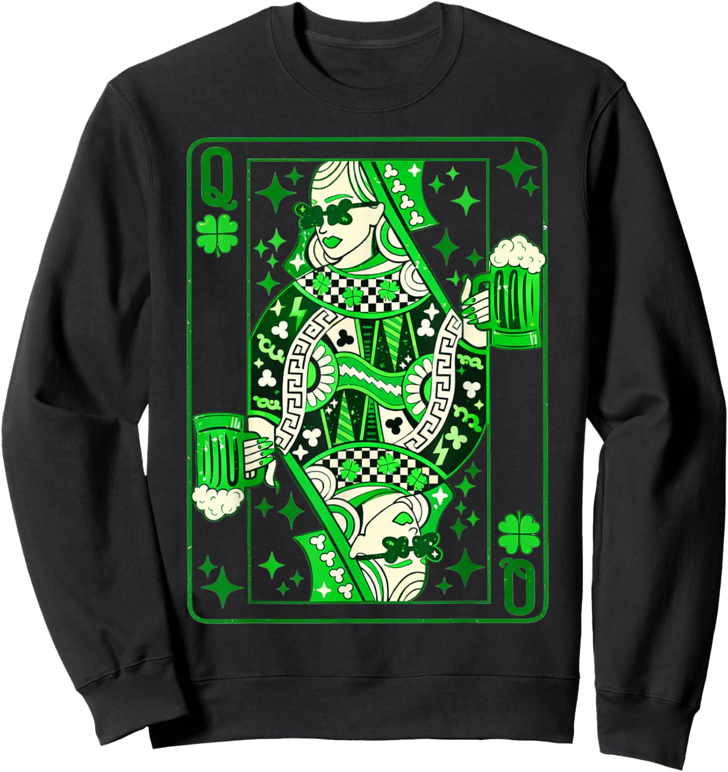 Shamrock Queen Playing Card Saint Patricks Day Sweatshirt - Sweatshirt | Black