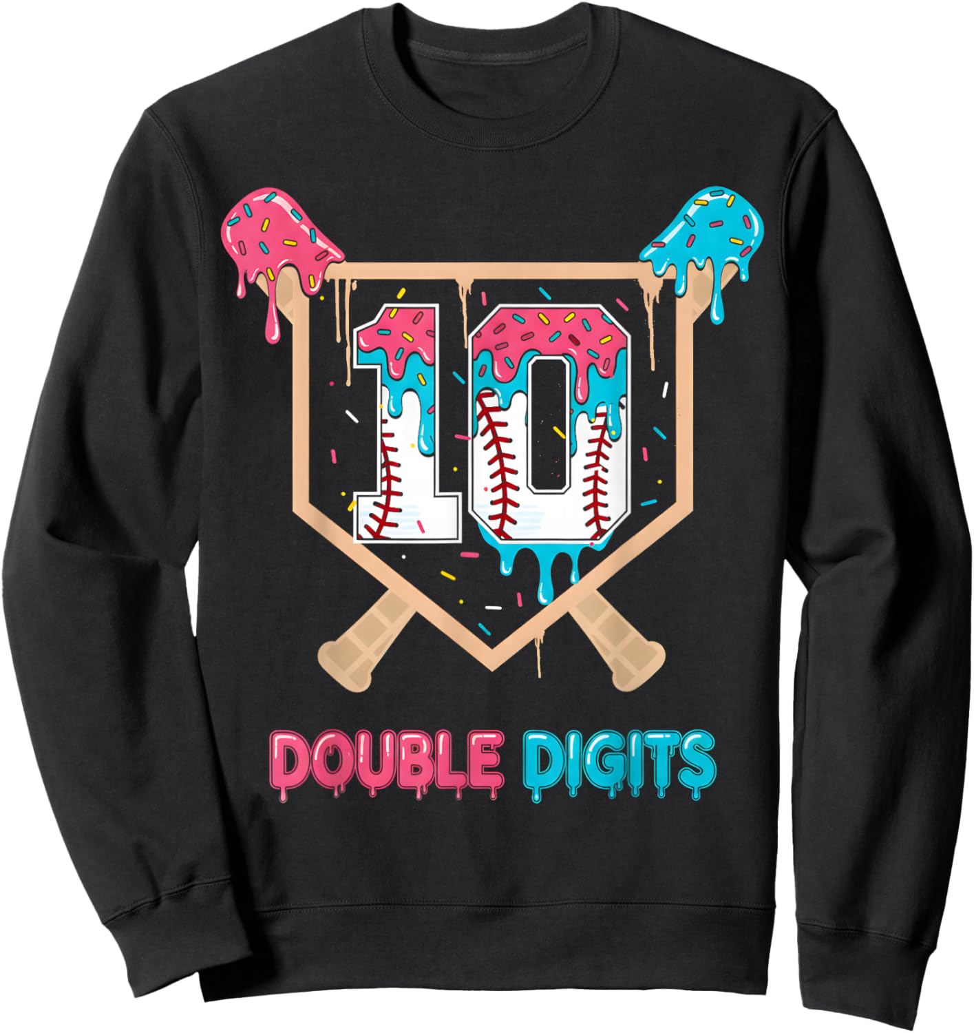Baseball 10 Year Old Ice Cream Drip 10th Bday Double Digits Sweatshirt - Sweatshirt | Black