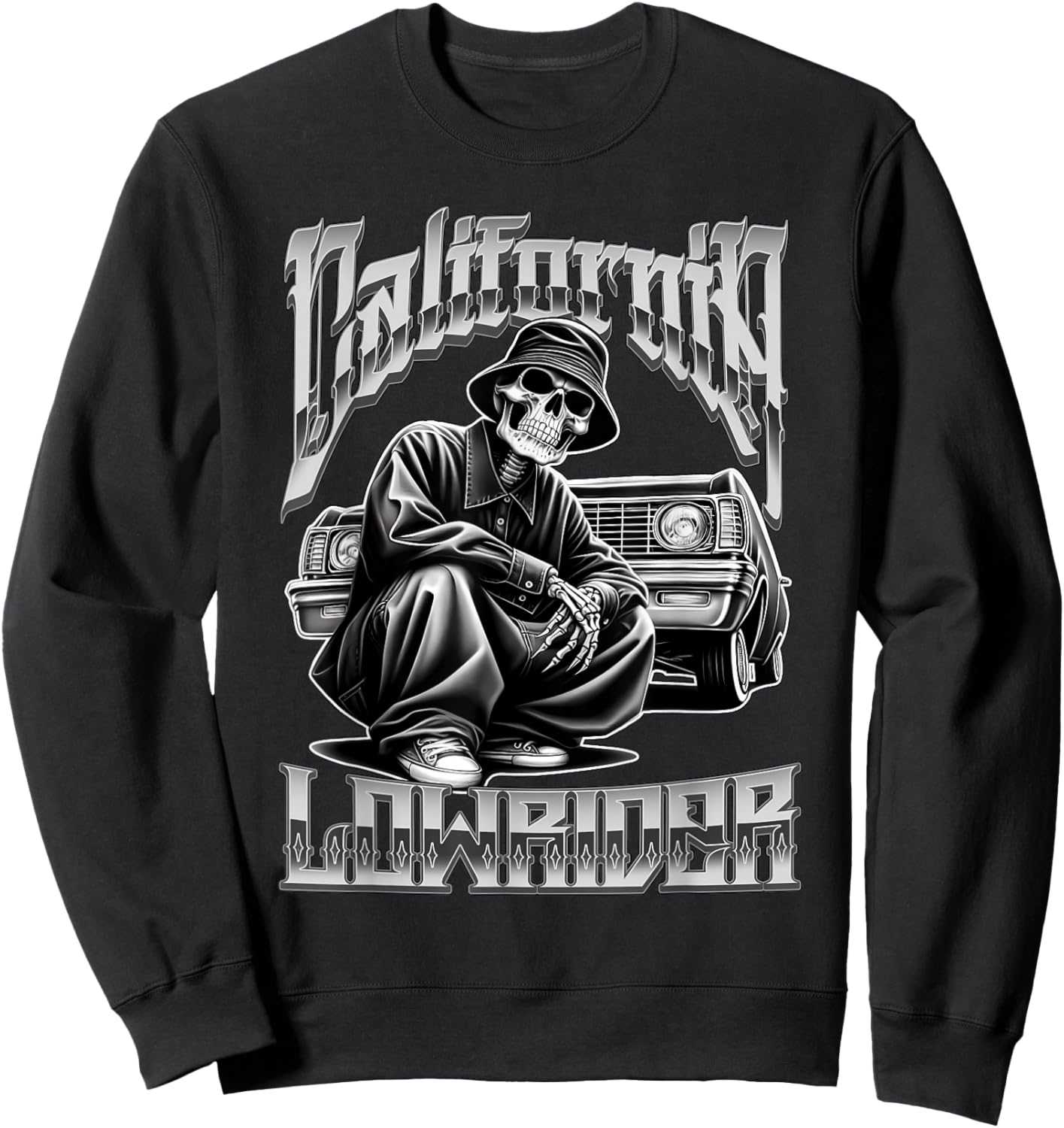 California Low Rider Chicano Tattoo Art Cholo Skeleton Sweatshirt - Sweatshirt | Black