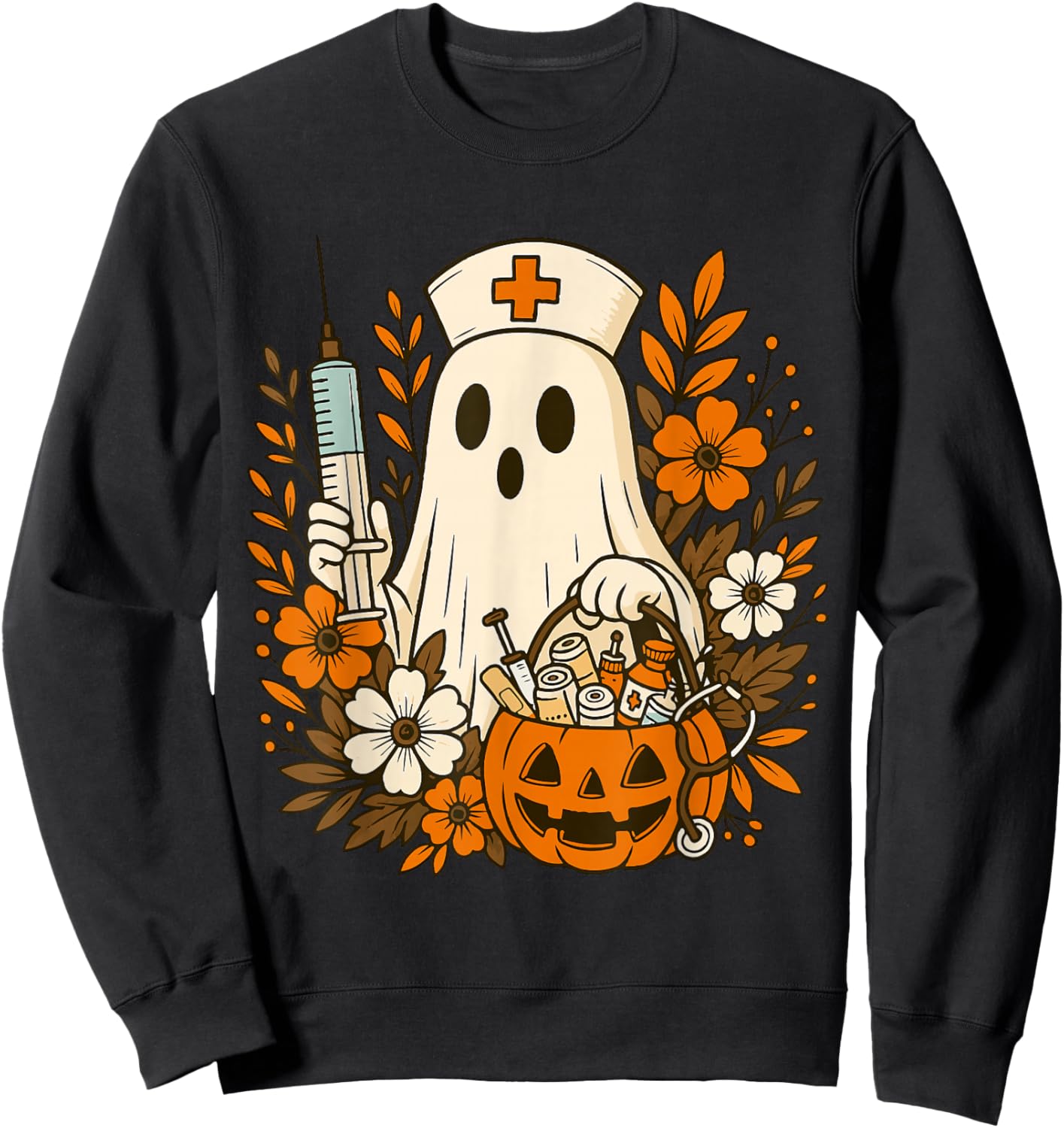 Nurse Ghost Pumpkin Halloween Autumn Nurse Halloween Sweatshirt - Sweatshirt | Black