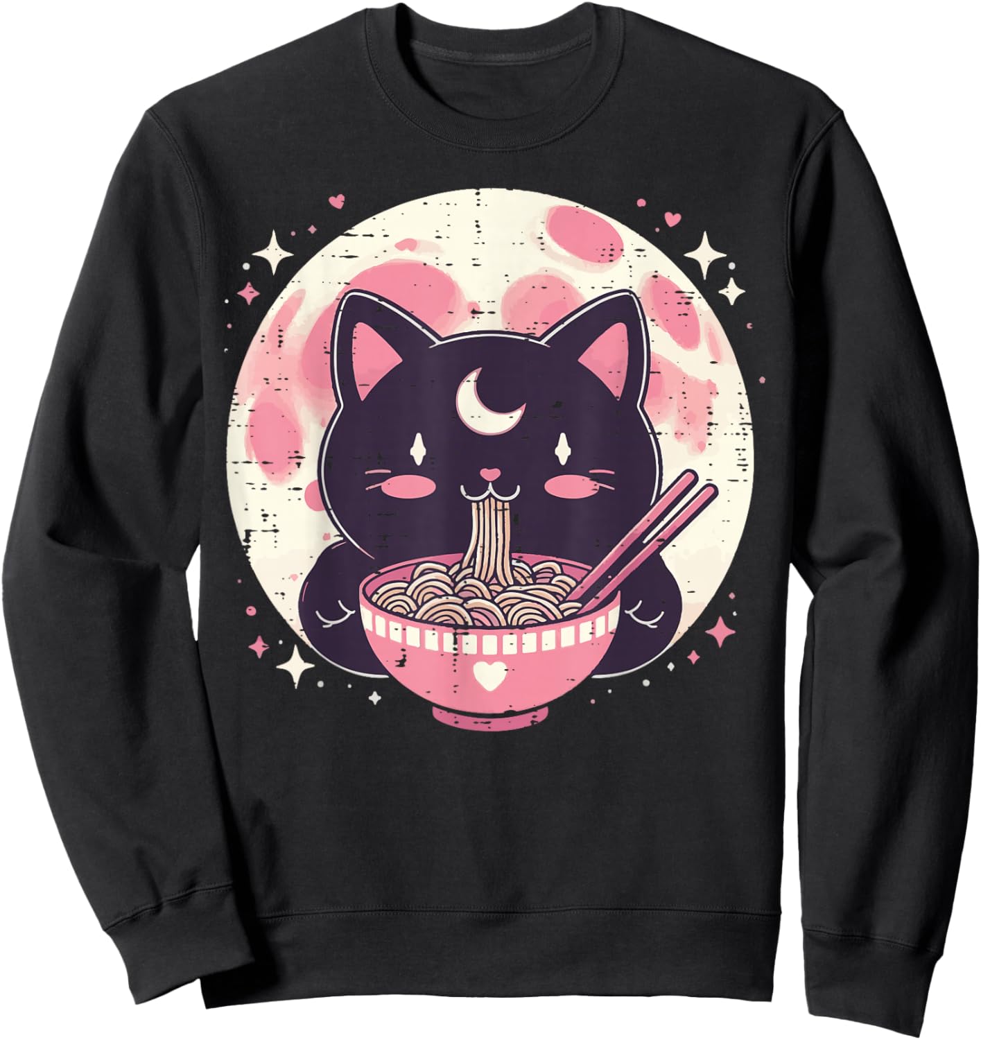 Black Cat Ramen Moon Kawaii Japanese Food Girls Kids Women Sweatshirt - Sweatshirt | Black