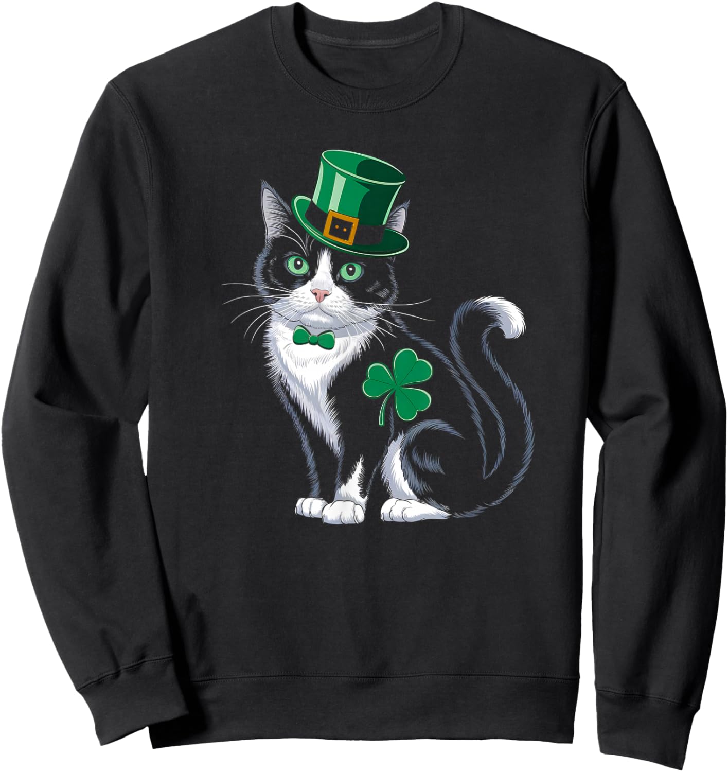Leprechaun Cat Shamrock St Patricks Day Kitten Pet Lover Sweatshirt - Sweatshirt | Black