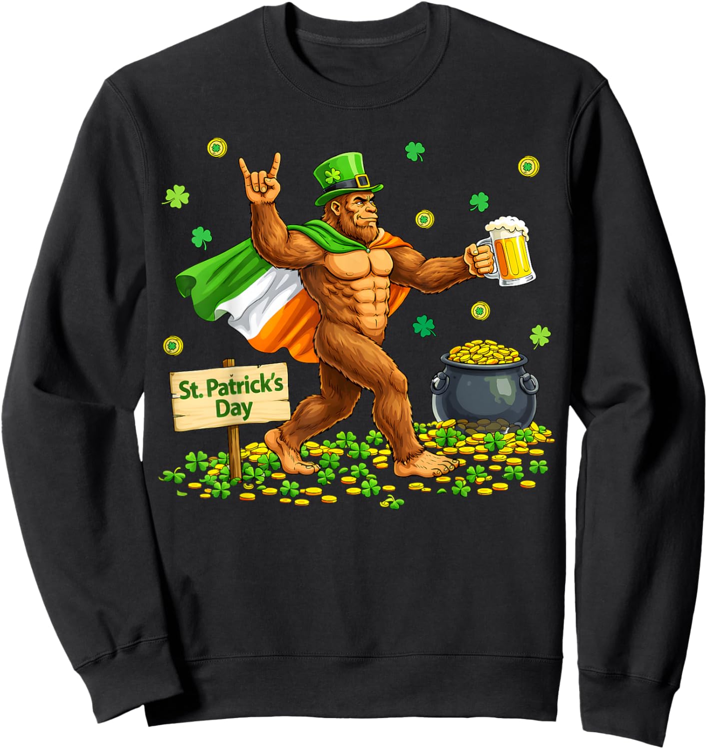 Bigfoot St Patrick's Day Irish Flag Cape Beer Rock Sasquatch Sweatshirt - Sweatshirt | Black