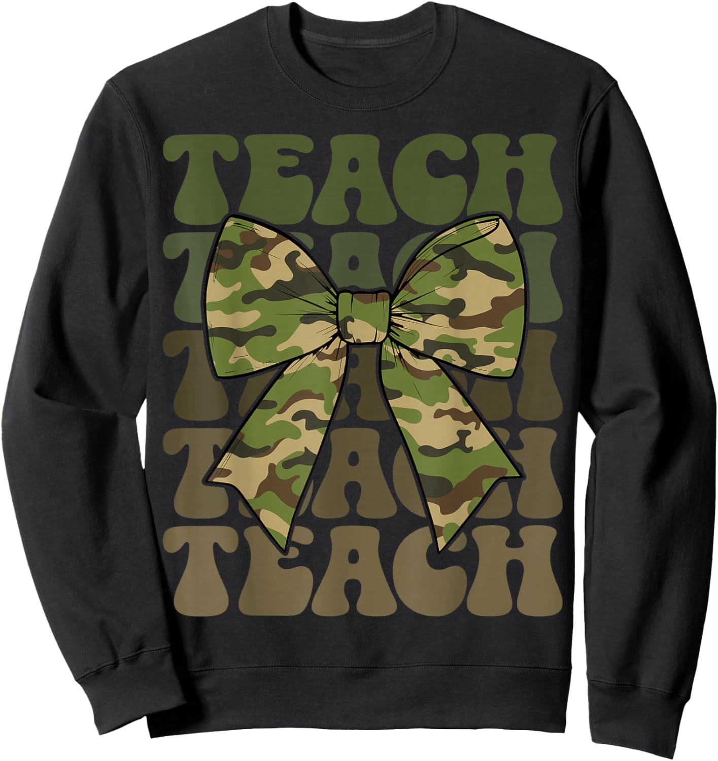 Camo Teach Coquette Bow Retro Groovy Camouflage Teacher Sweatshirt - Sweatshirt | Black
