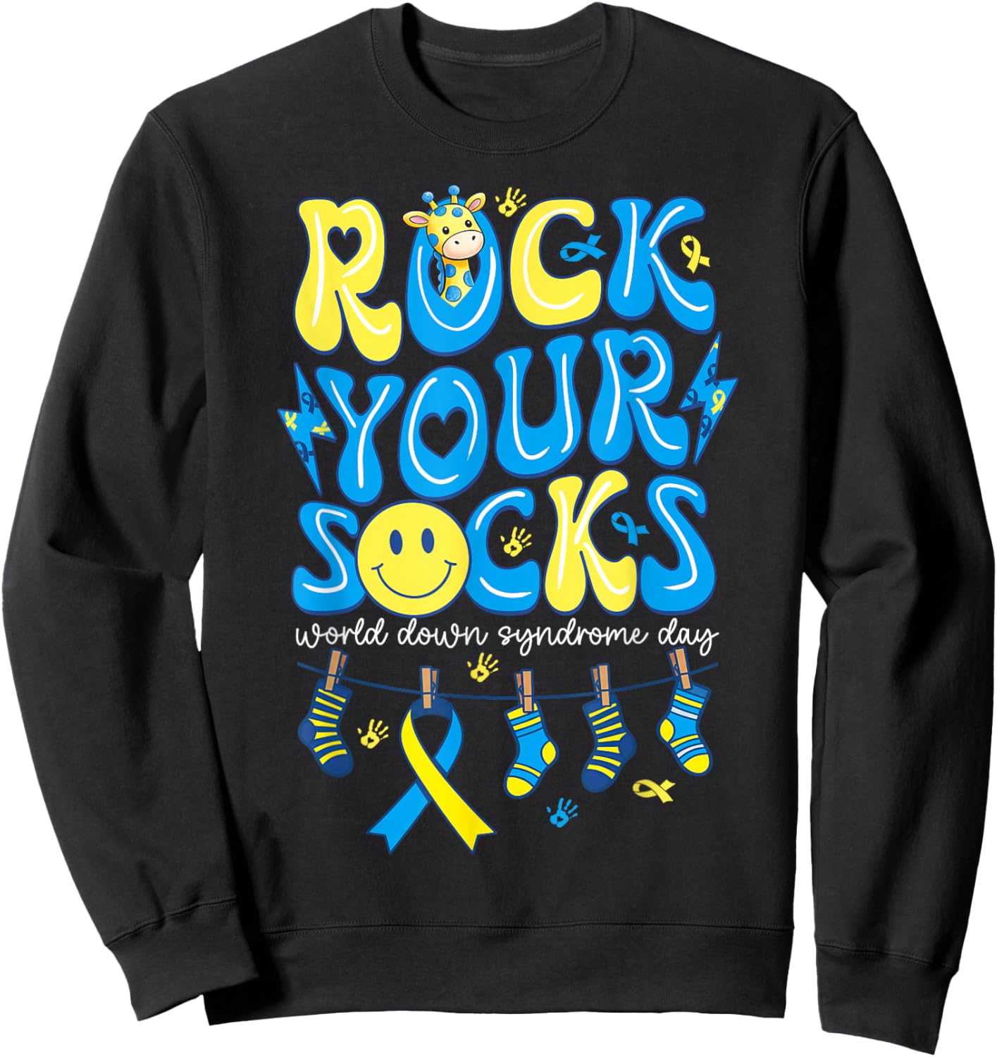 Rock Your Socks World Down Syndrome Day Blue Yellow Ribbon Sweatshirt - Sweatshirt | Black