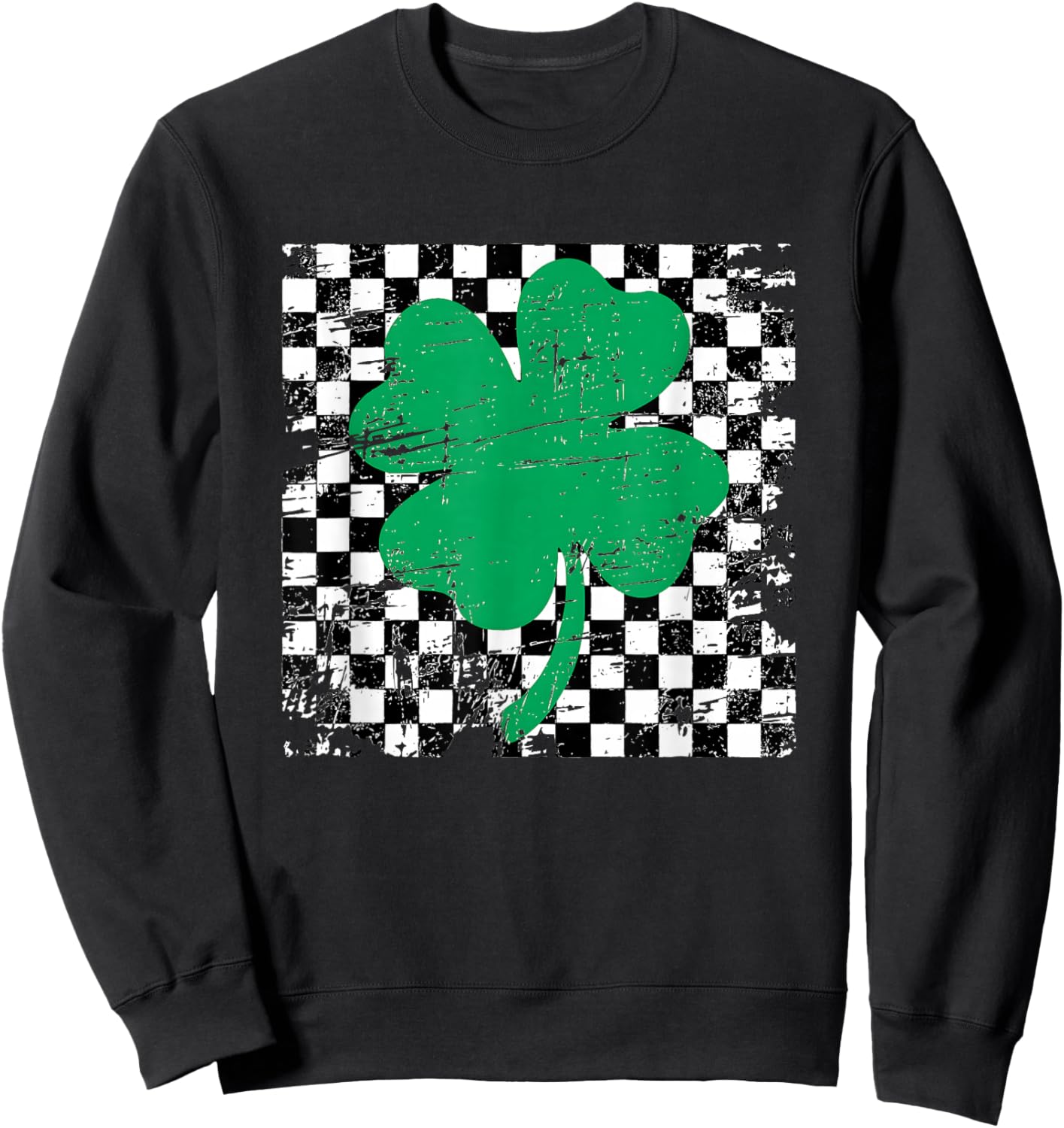 St. Patrick’s Green Clover Checker Design Retro Aesthetic Sweatshirt - Sweatshirt | Black