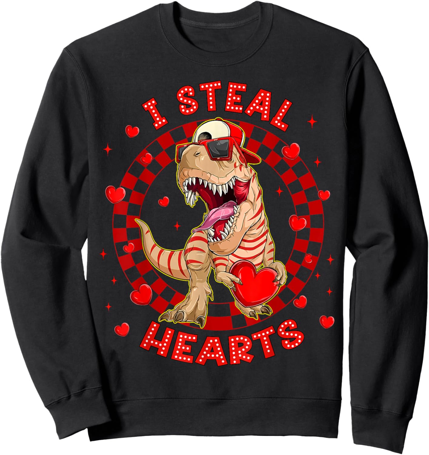 Happy Valentine I Steal Hearts Trex Funny Dinosaur Men Women Sweatshirt - Sweatshirt | Black