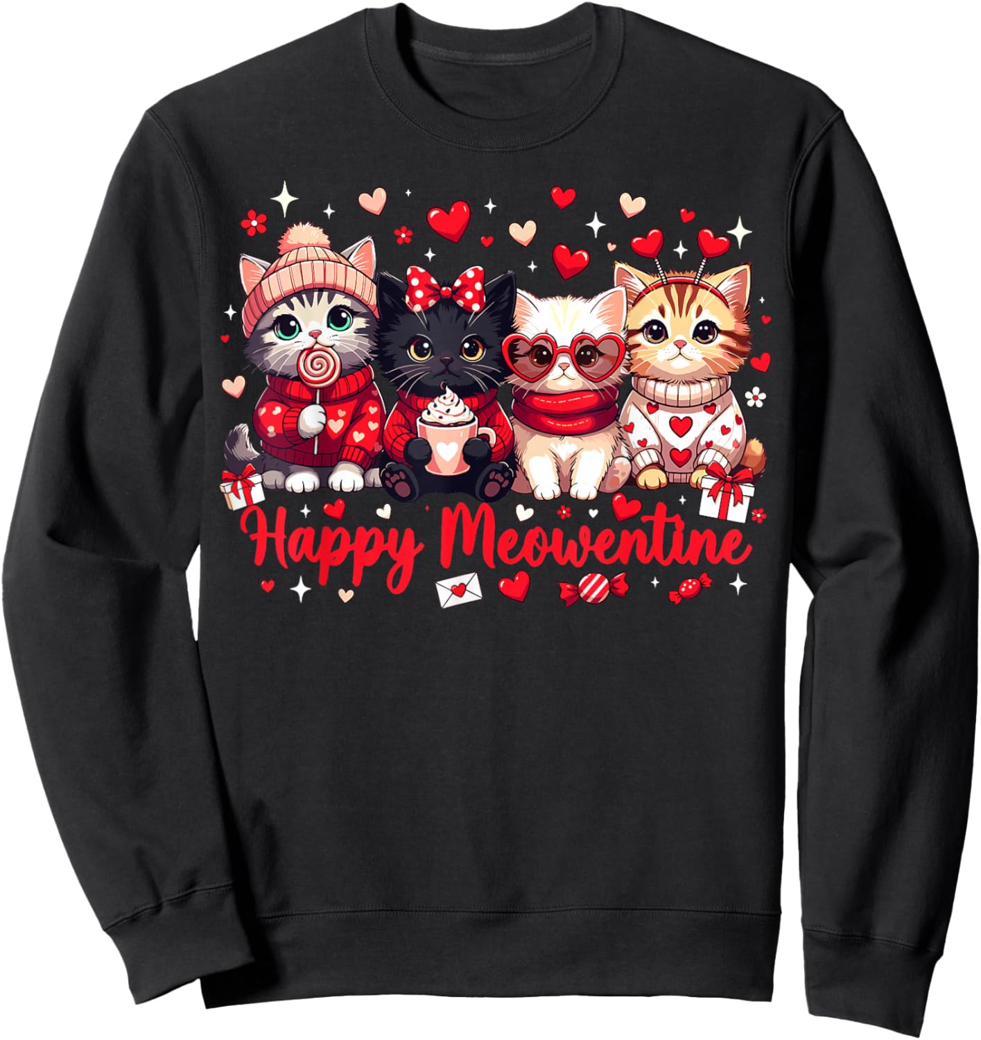 Happy Meowentine Cute Cat Lover Valentine Heart Sweatshirt - Sweatshirt | Black