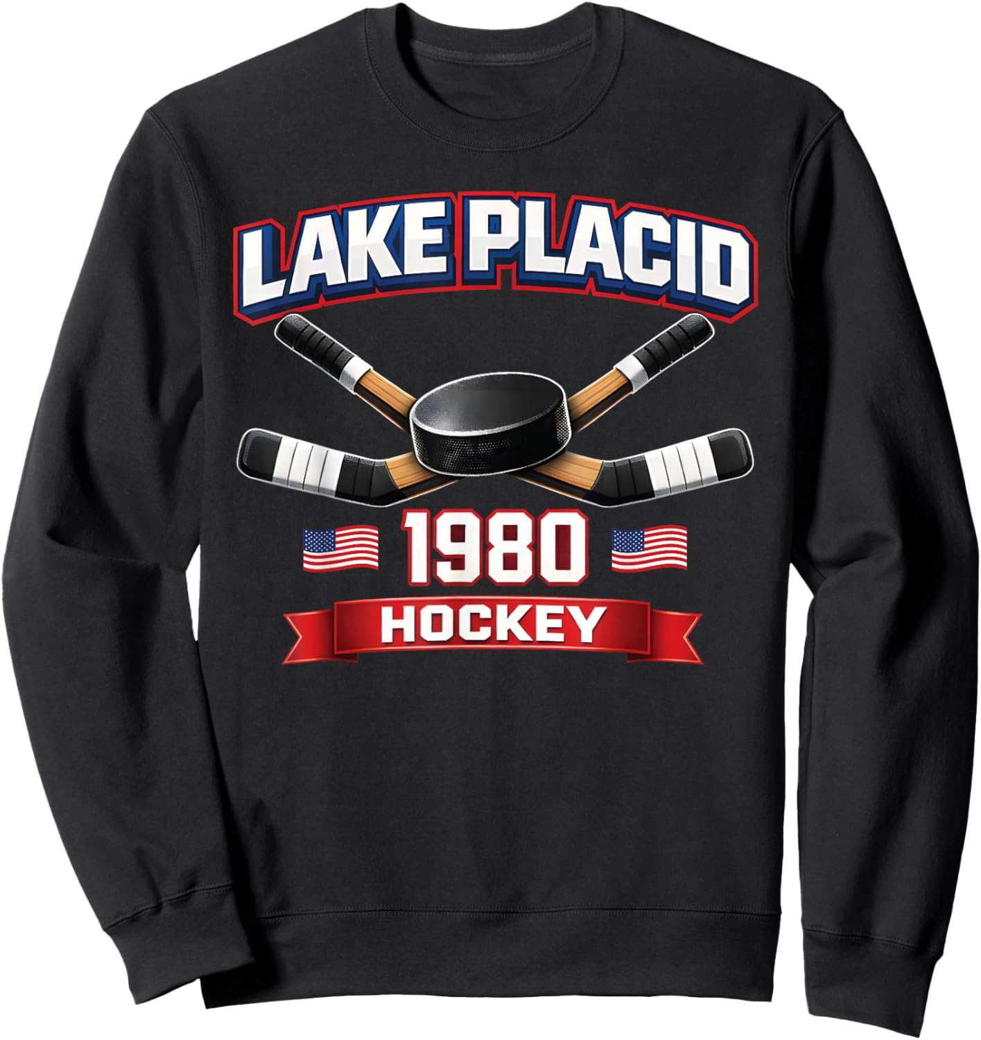Lake Placid 1980 Hockey Vintage USA Puck New York Essex Goal Sweatshirt - Sweatshirt | Black