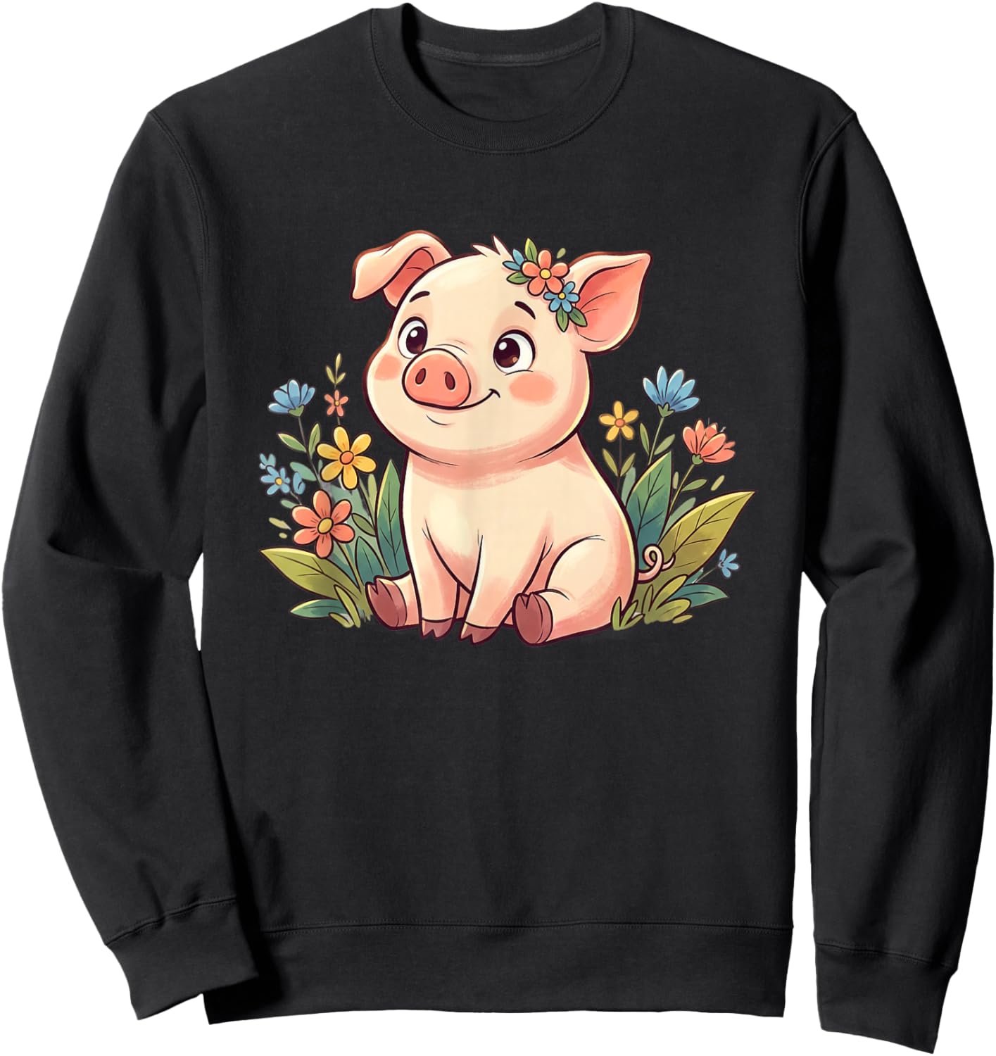 Kawaii Baby Pig Surrounded by Colorful Flowers Sweatshirt - Sweatshirt | Black
