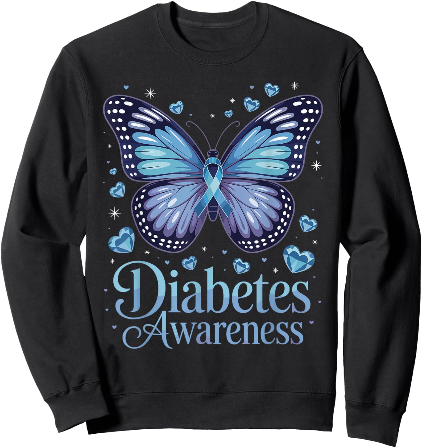 Diabetes Awareness Butterfly Blue Ribbon T1D Sweatshirt - Sweatshirt | Black