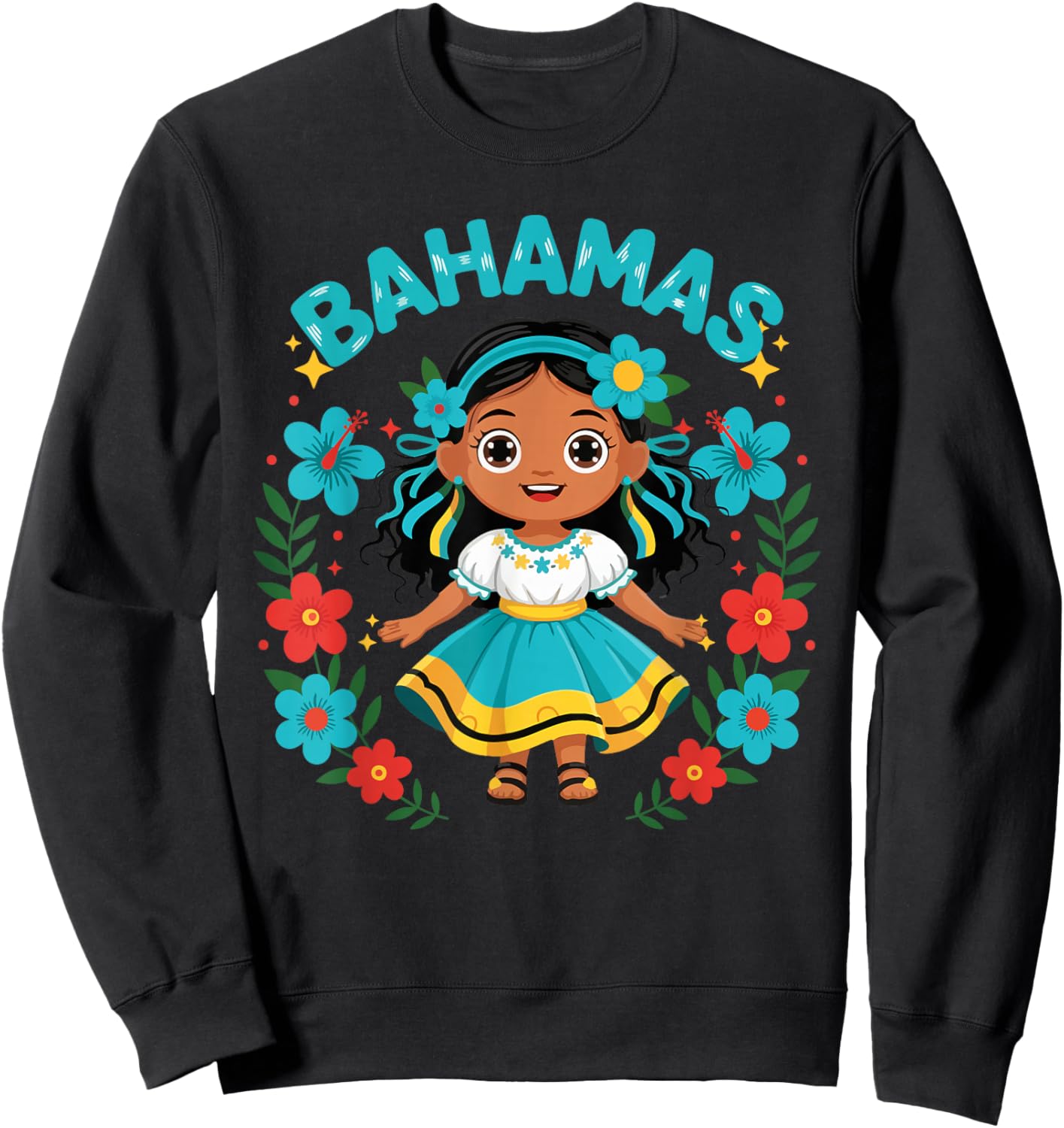 Bahamas Bahamian Girl Traditional Dress Flowers Sweatshirt - Sweatshirt | Black