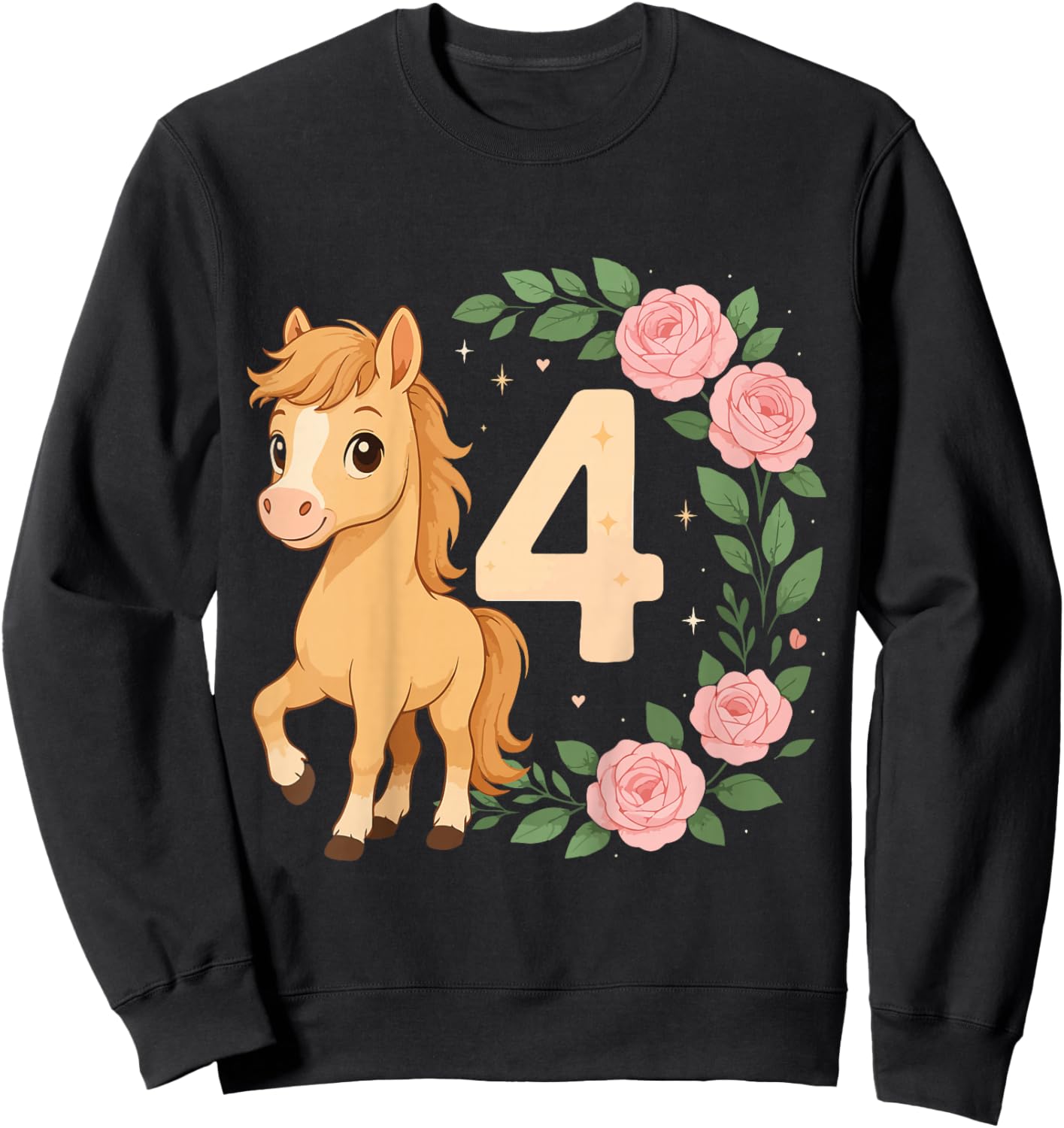 4th Birthday Girl Pony Horse Flowers 4 Years Old Sweatshirt - Sweatshirt | Black