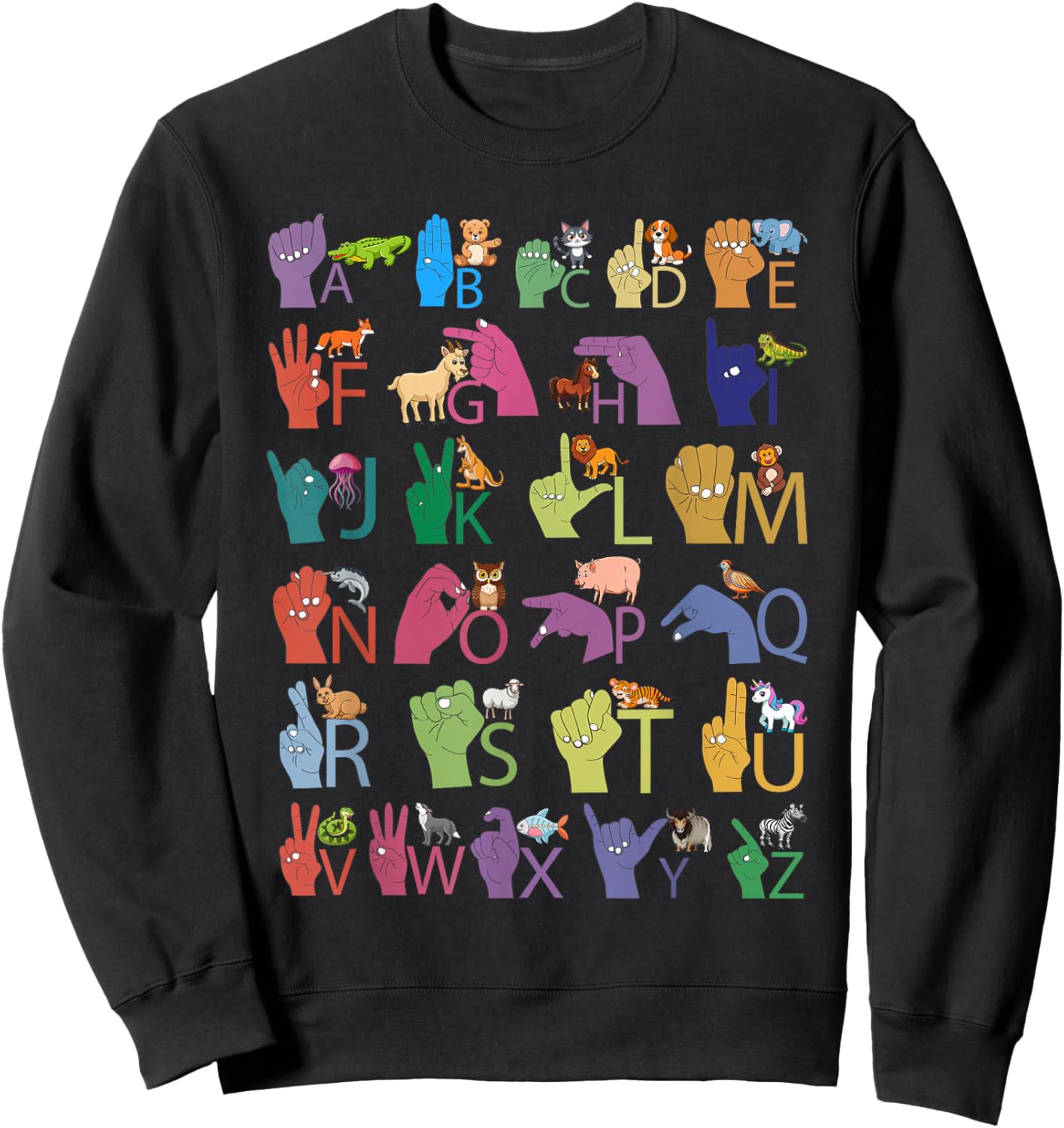 Colorful ASL Alphabet Animals Letters and Signs for Kids Sweatshirt - Sweatshirt | Black