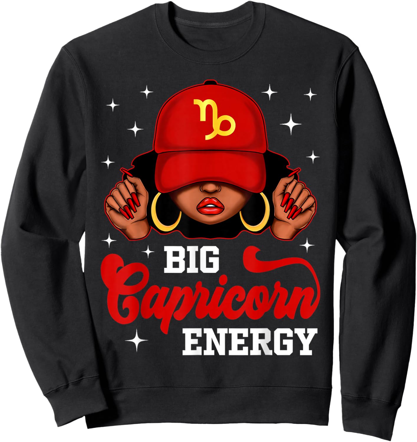 Big Capricorn Energy Black Woman with Red Cap Zodiac Sweatshirt - Sweatshirt | Black