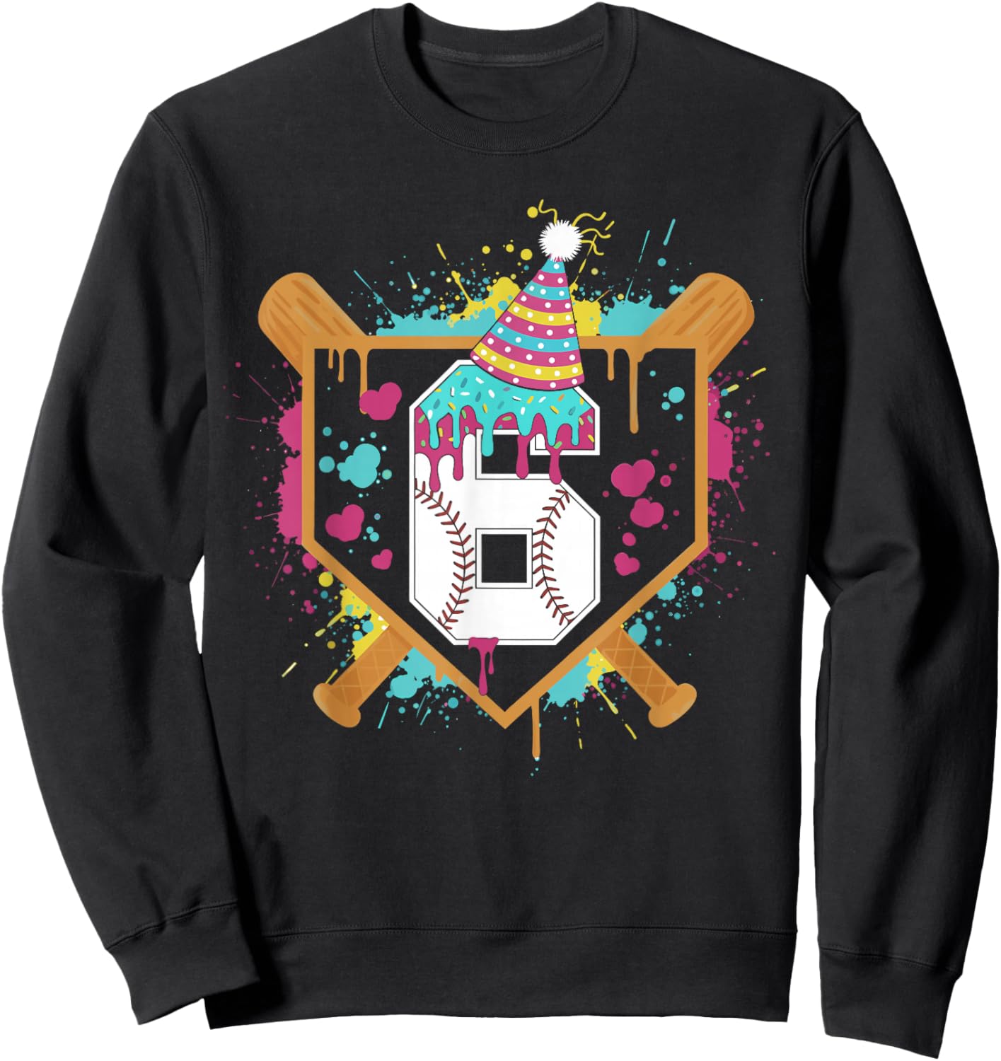 6th Birthday Baseball Drip Number 6 Year Old Birthday Boy Sweatshirt - Sweatshirt | Black