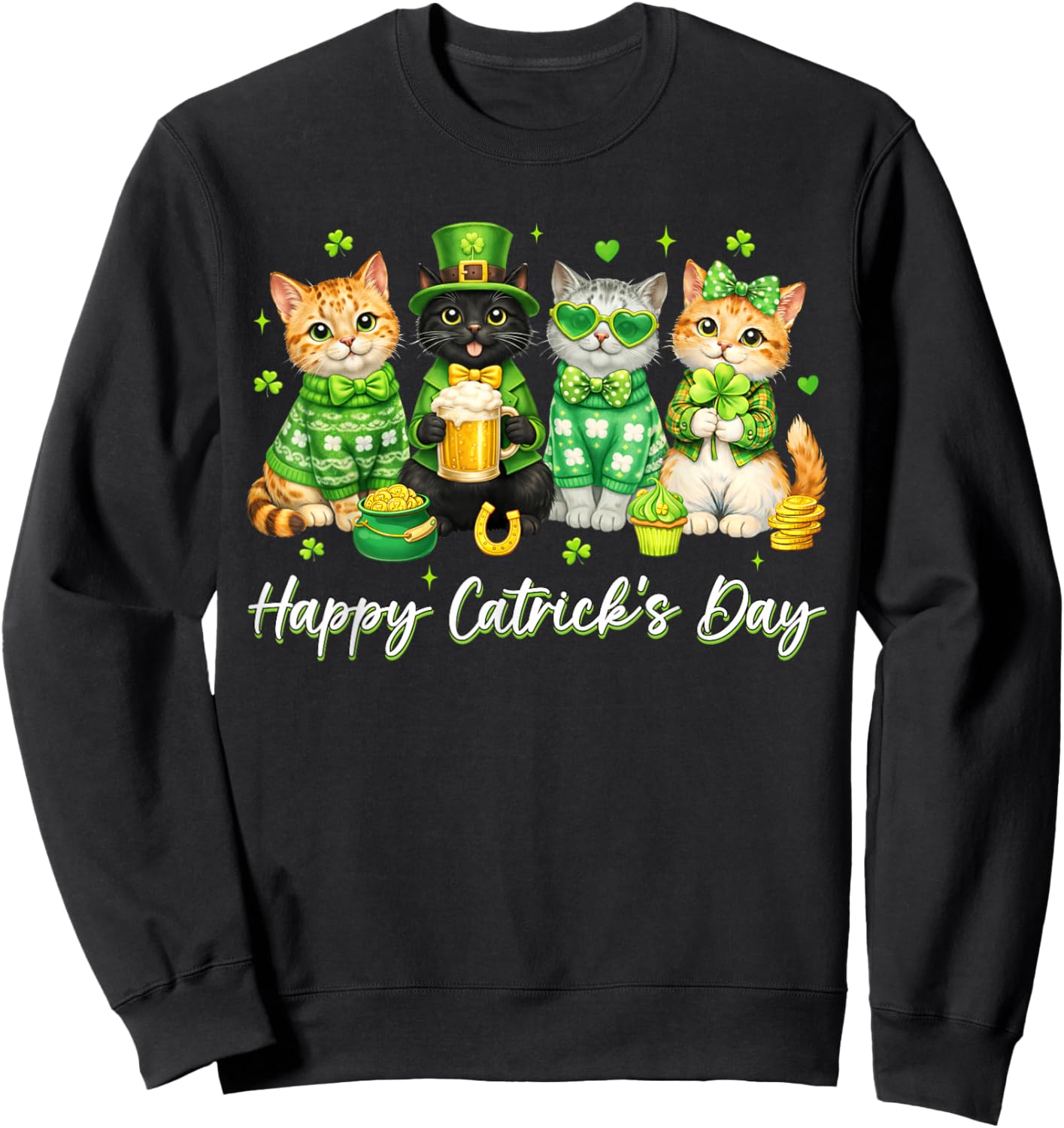 St Patricks Day Funny Catricks Day for Cat Lover Women Girls Sweatshirt - Sweatshirt | Black