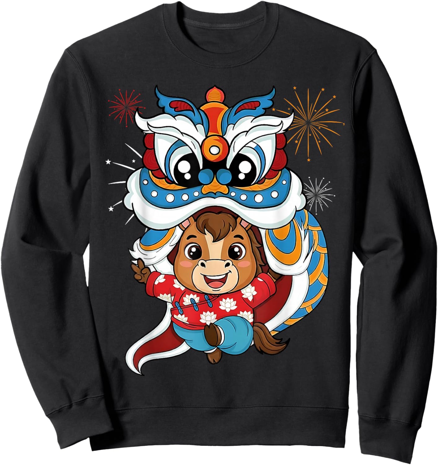 Cute Chinese Luna New Year 2026 Horse Lion Dance Zodiac Sweatshirt - Sweatshirt | Black